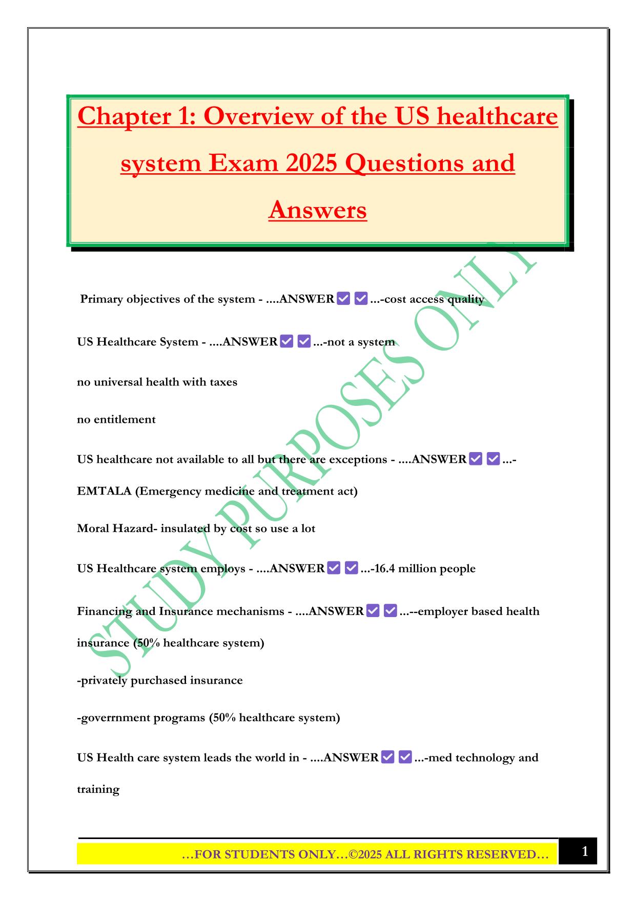 Chapter 1: Overview of the US healthcare system Exam 2025 Questions and Answers