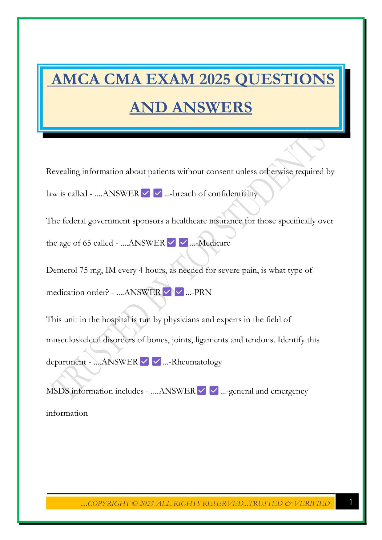 AMCA CMA EXAM 2025 QUESTIONS AND ANSWERS