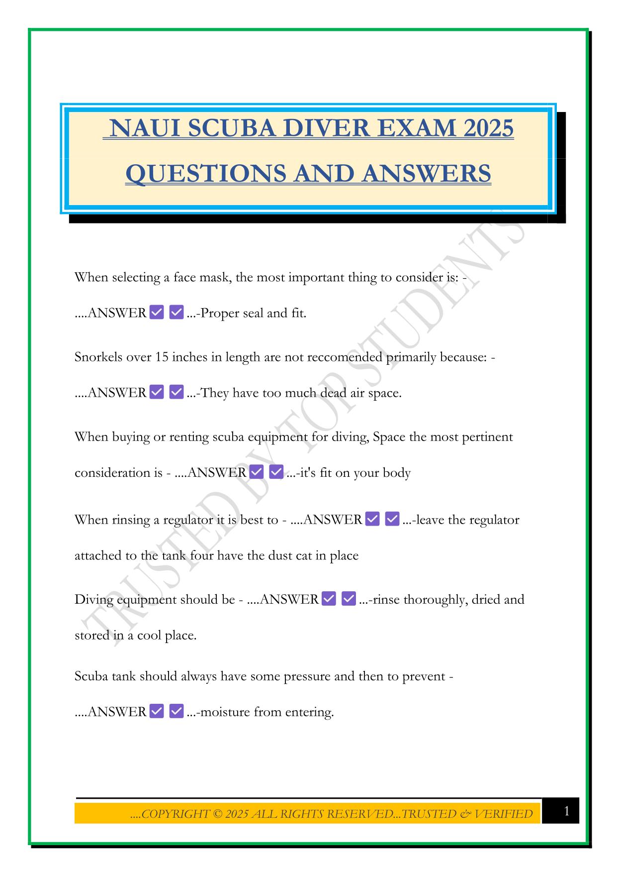 NAUI SCUBA DIVER EXAM 2025 QUESTIONS AND ANSWERS