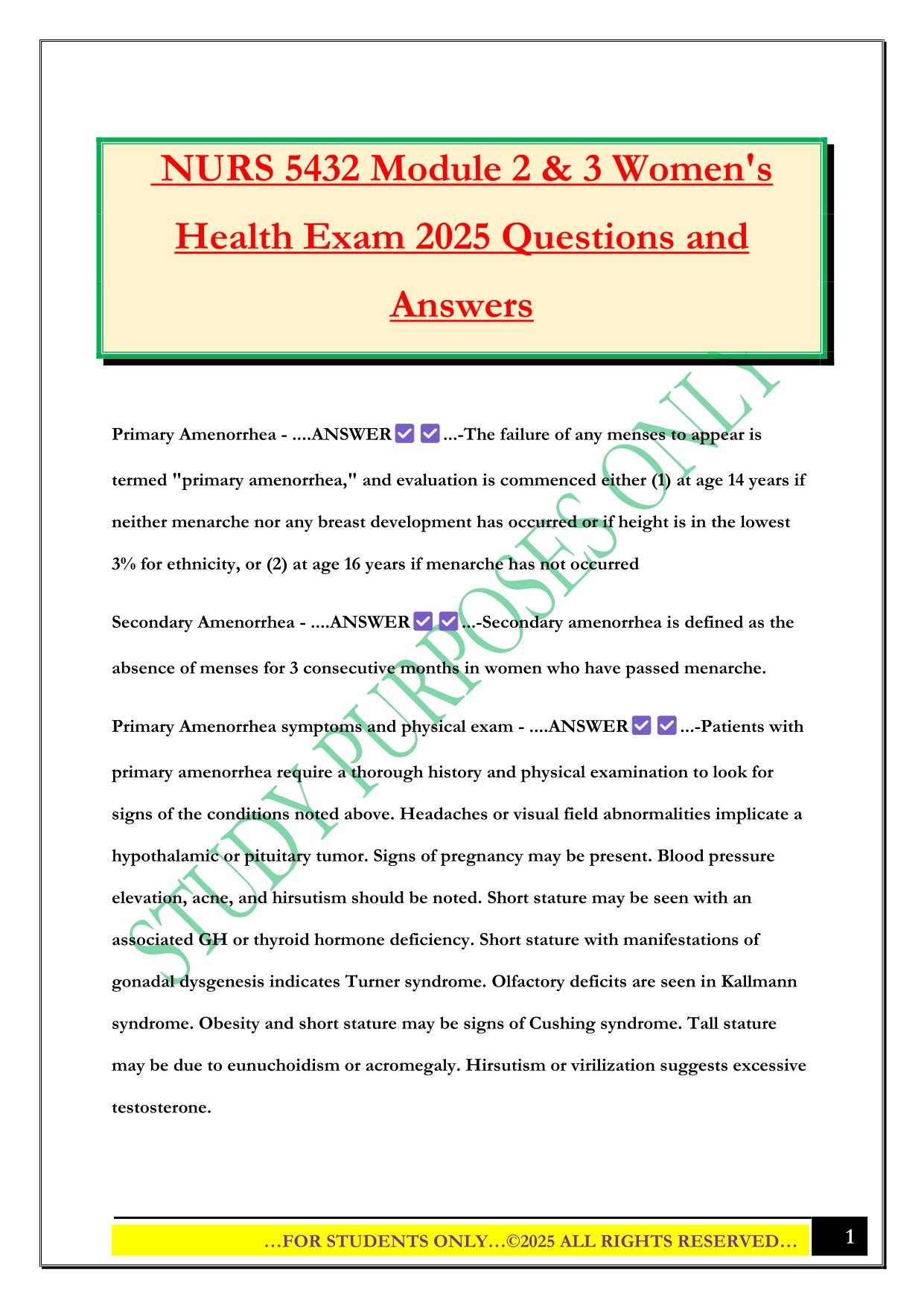 NURS 5432 Module 2 & 3 Women's Health Exam 2025 Questions and Answers