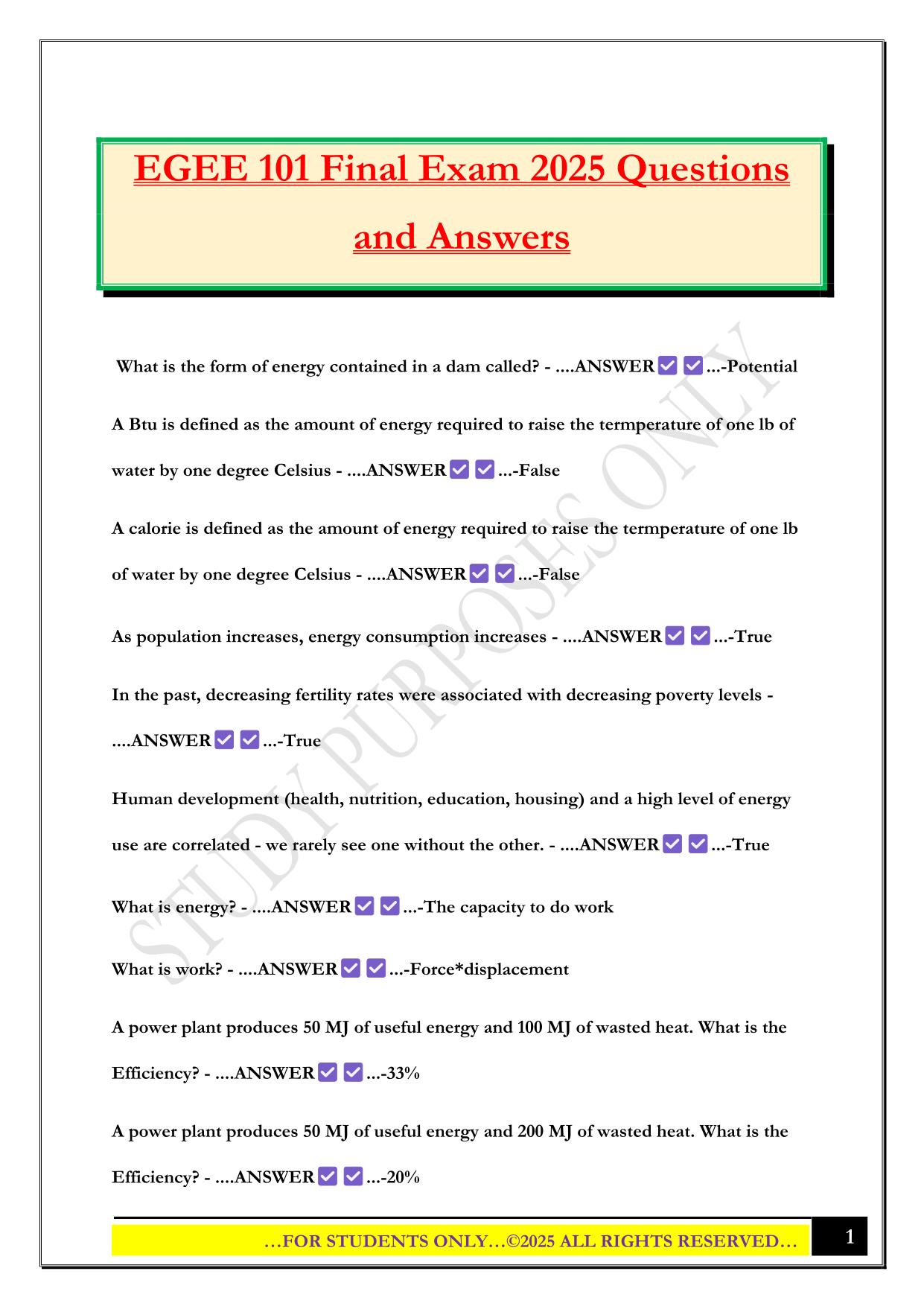 EGEE 101 Final Exam 2025 Questions and Answers