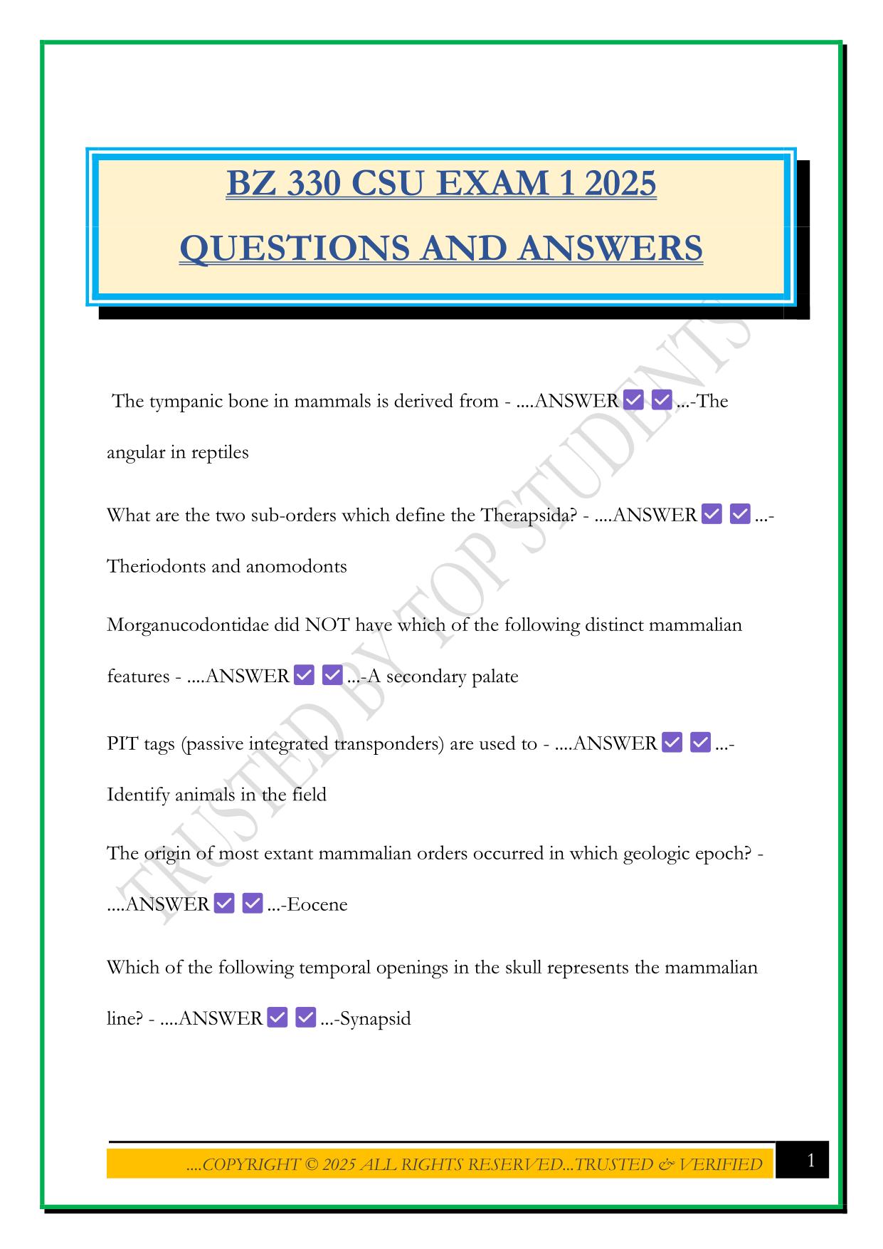 BZ 330 CSU EXAM 1 2025 QUESTIONS AND ANSWERS