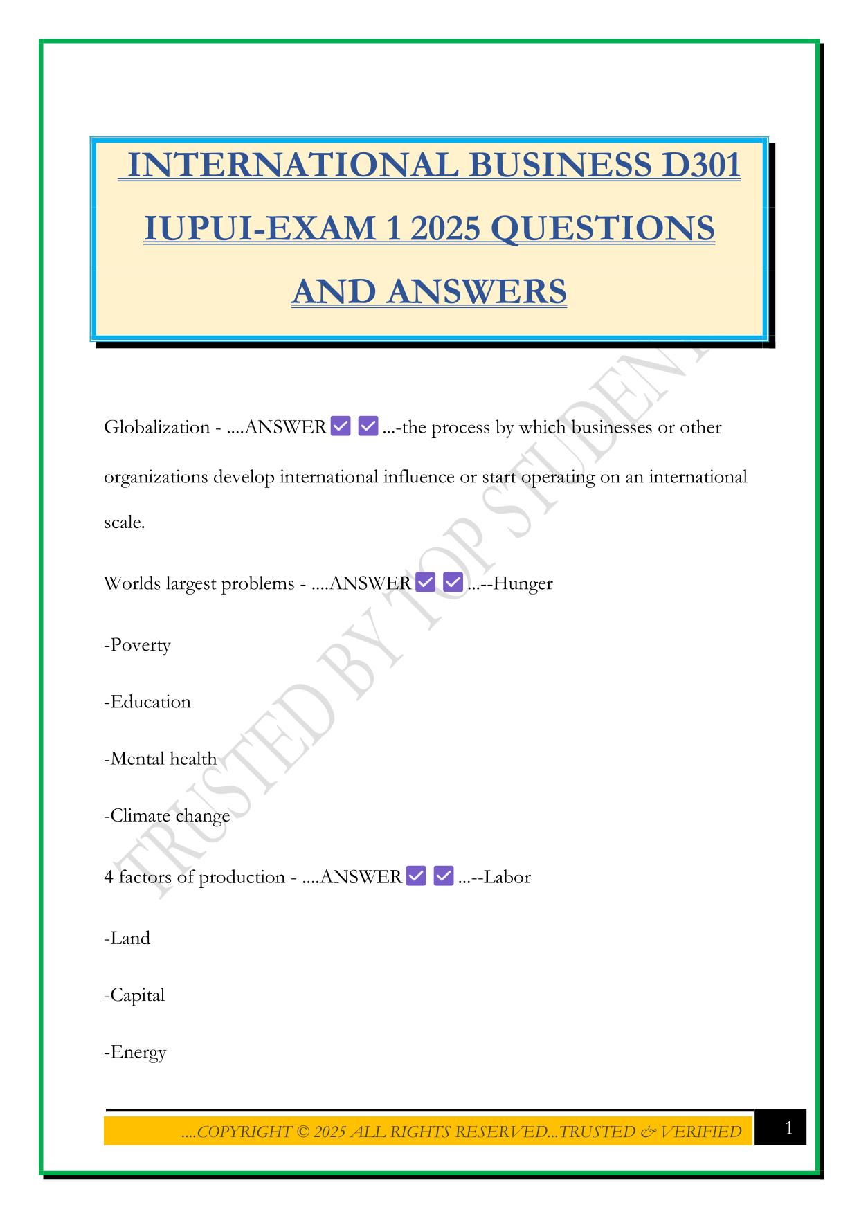 INTERNATIONAL BUSINESS D301 IUPUI-EXAM 1 2025 QUESTIONS AND ANSWERS