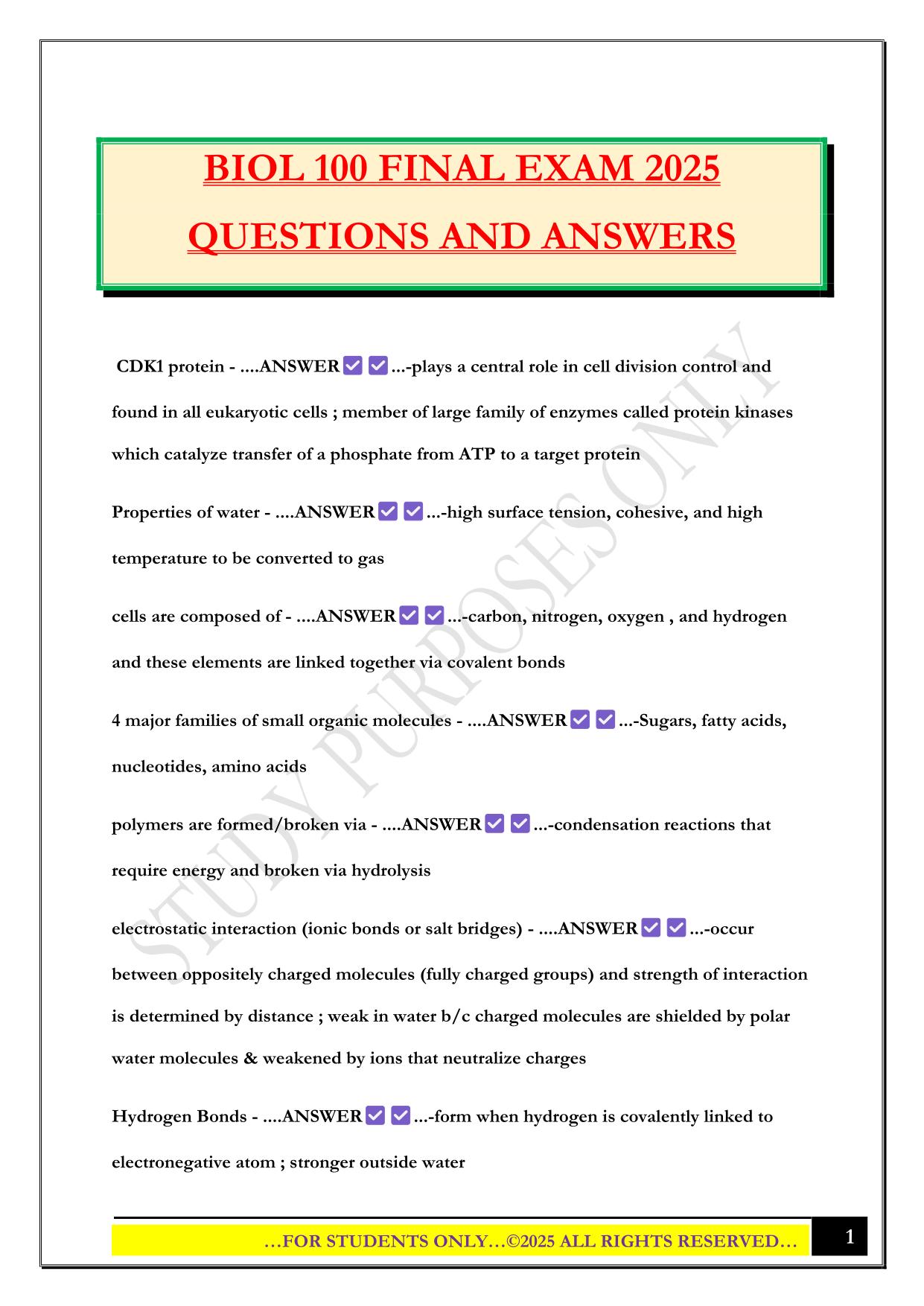 BIOL 100 FINAL EXAM 2025 QUESTIONS AND ANSWERS