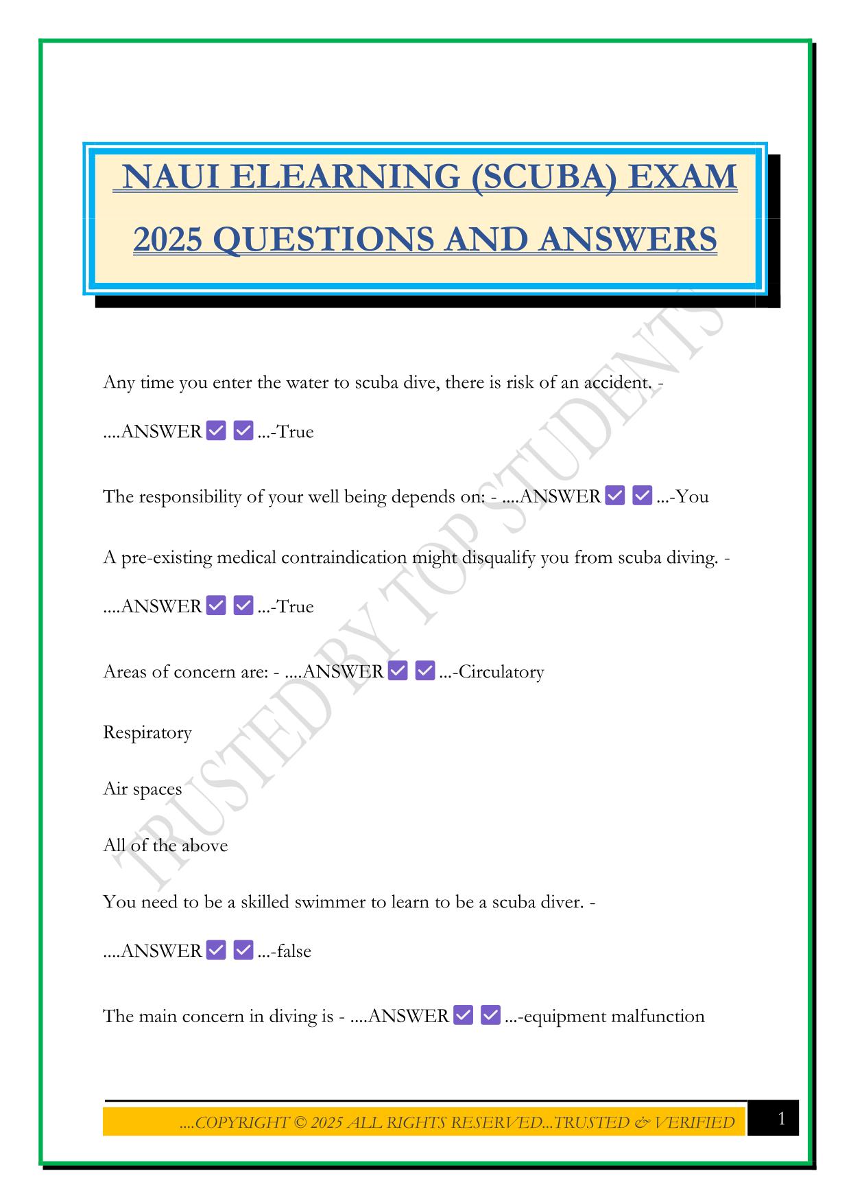NAUI ELEARNING (SCUBA) EXAM 2025 QUESTIONS AND ANSWERS