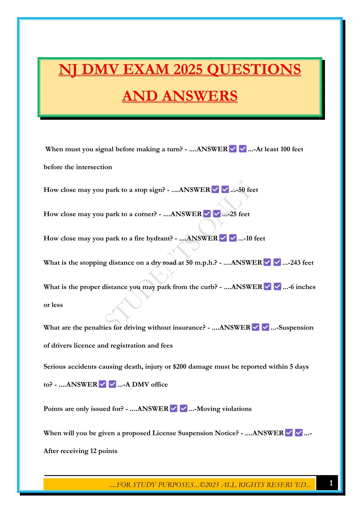 NJ DMV EXAM 2025 QUESTIONS AND ANSWERS