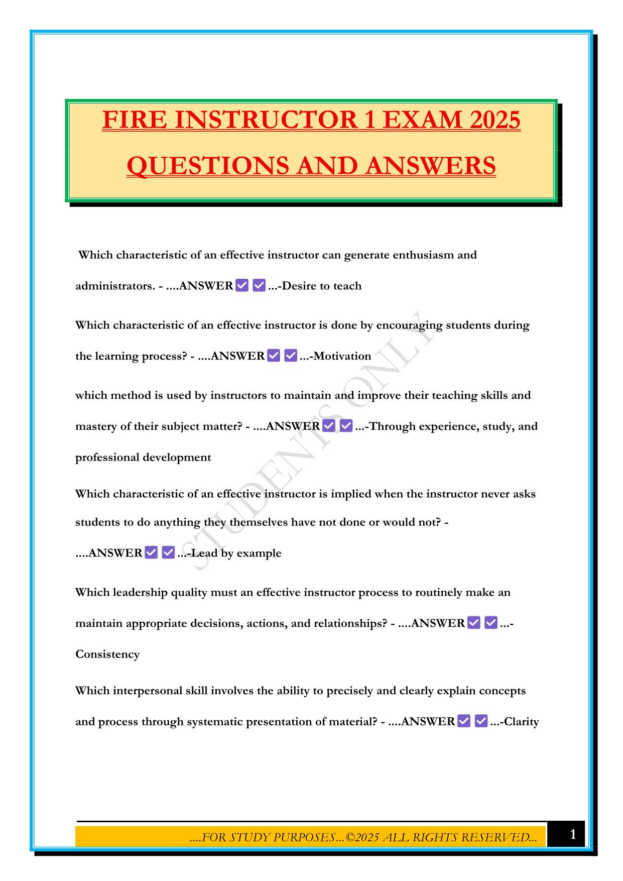 FIRE INSTRUCTOR 1 EXAM 2025 QUESTIONS AND ANSWERS