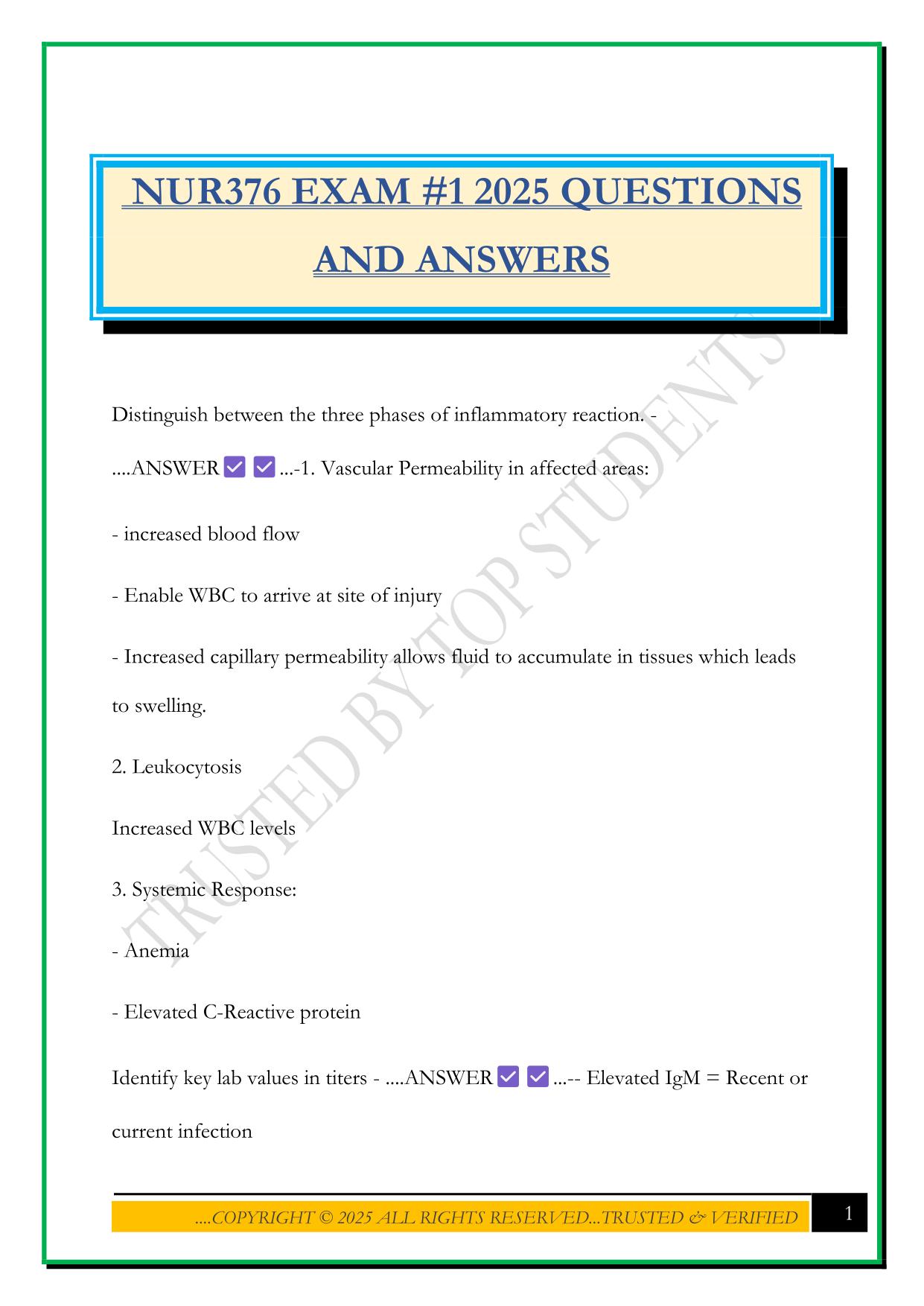 NUR376 EXAM #1 2025 QUESTIONS AND ANSWERS