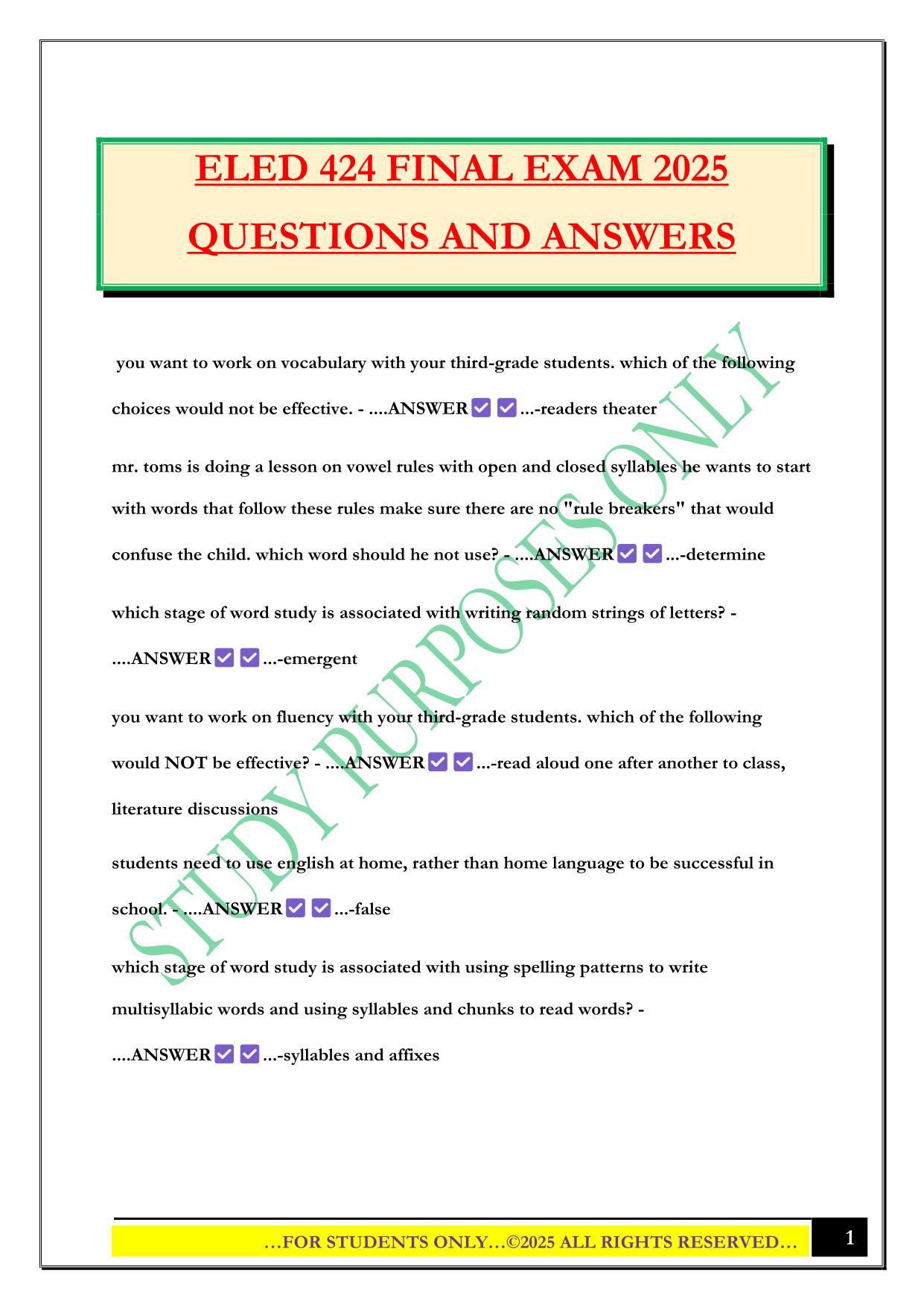 ELED 424 FINAL EXAM 2025 QUESTIONS AND ANSWERS