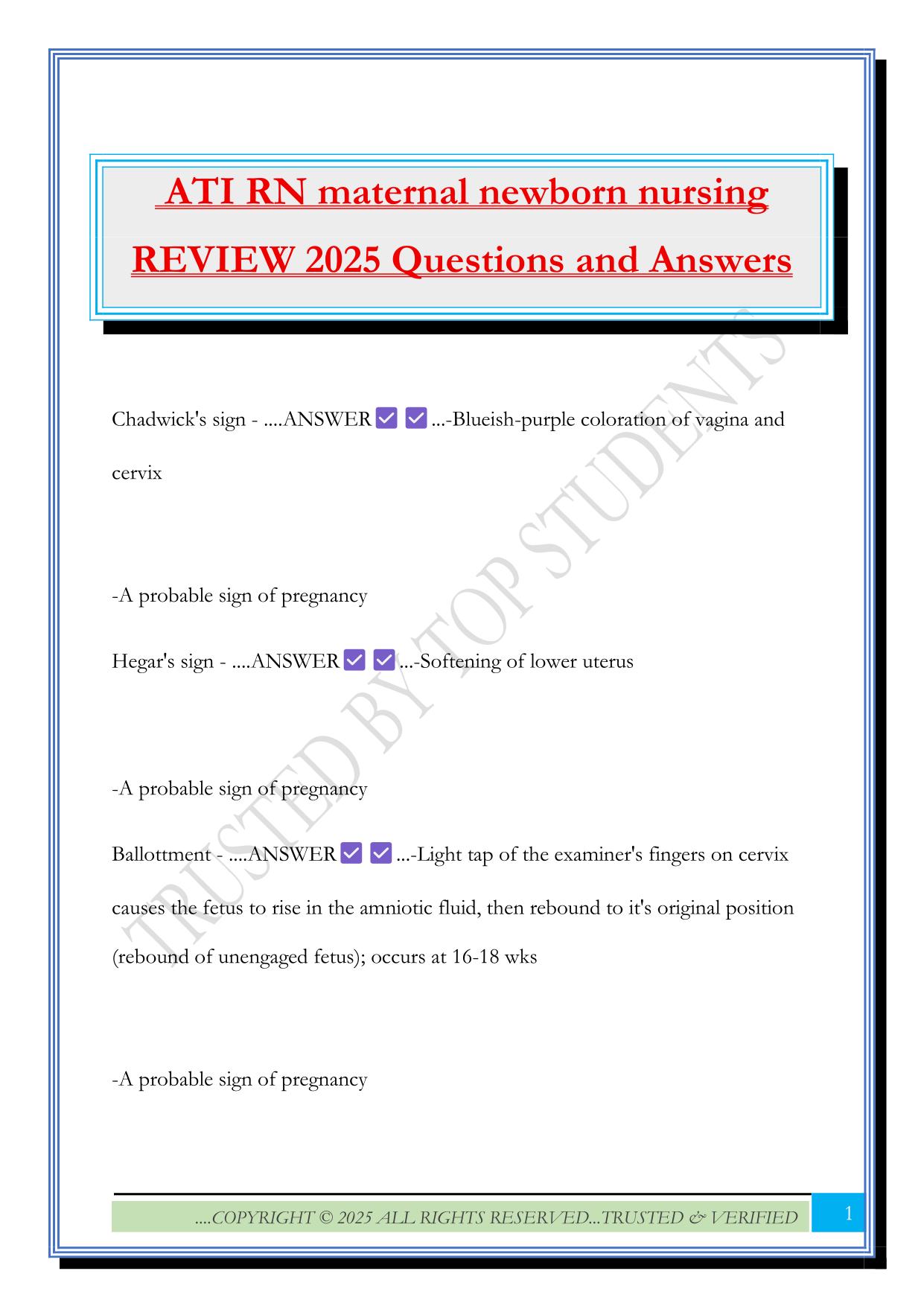 ATI RN maternal newborn nursing REVIEW 2025 Questions and Answers