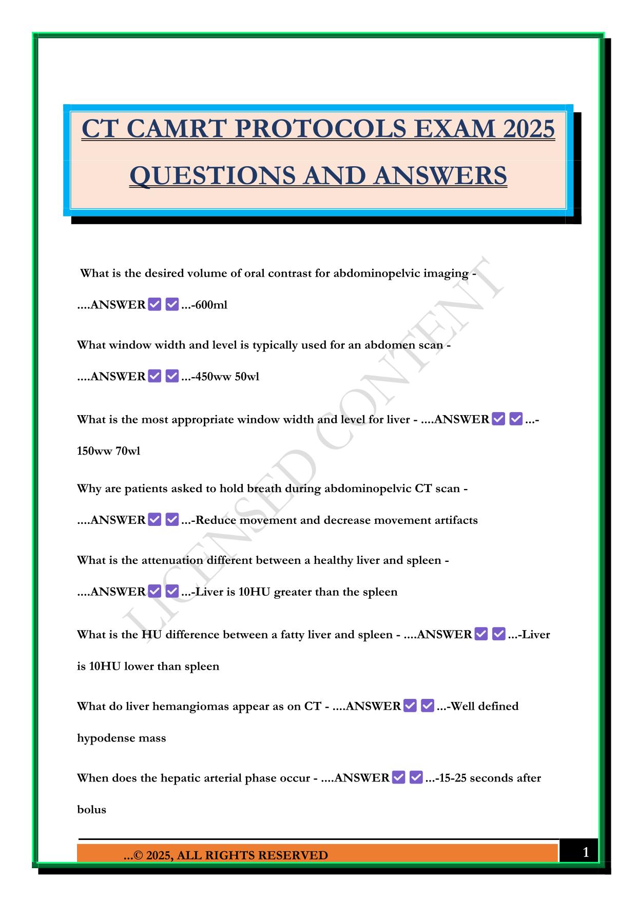 CT CAMRT PROTOCOLS EXAM 2025 QUESTIONS AND ANSWERS