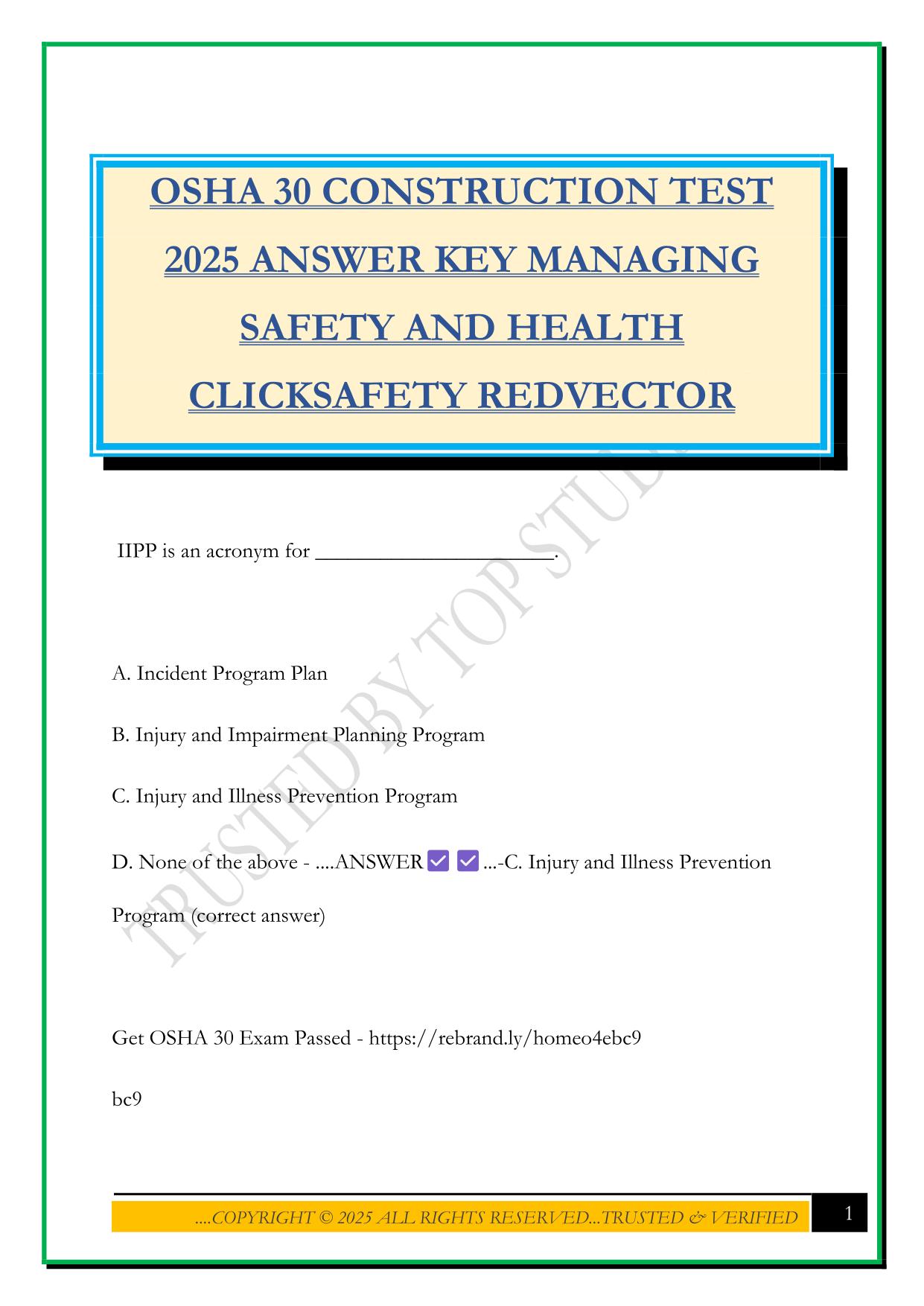 OSHA 30 CONSTRUCTION TEST 2025 ANSWER KEY MANAGING SAFETY AND HEALTH CLICKSAFETY REDVECTOR
