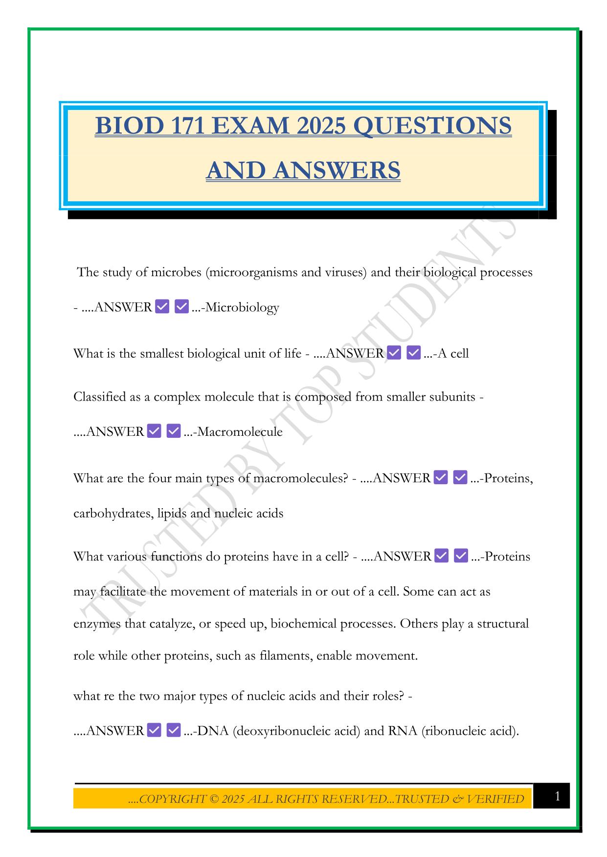 BIOD 171 EXAM 2025 QUESTIONS AND ANSWERS