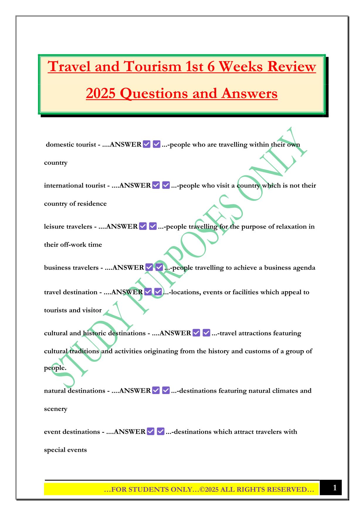 Travel and Tourism 1st 6 Weeks Review 2025 Questions and Answers