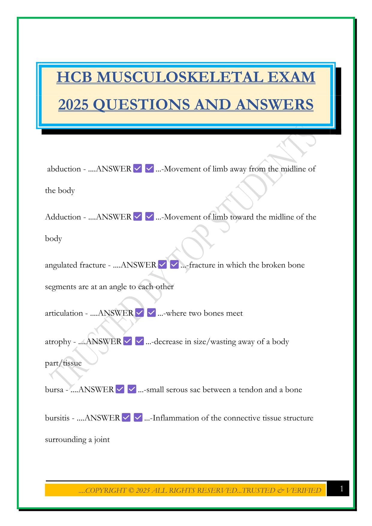 HCB MUSCULOSKELETAL EXAM 2025 QUESTIONS AND ANSWERS