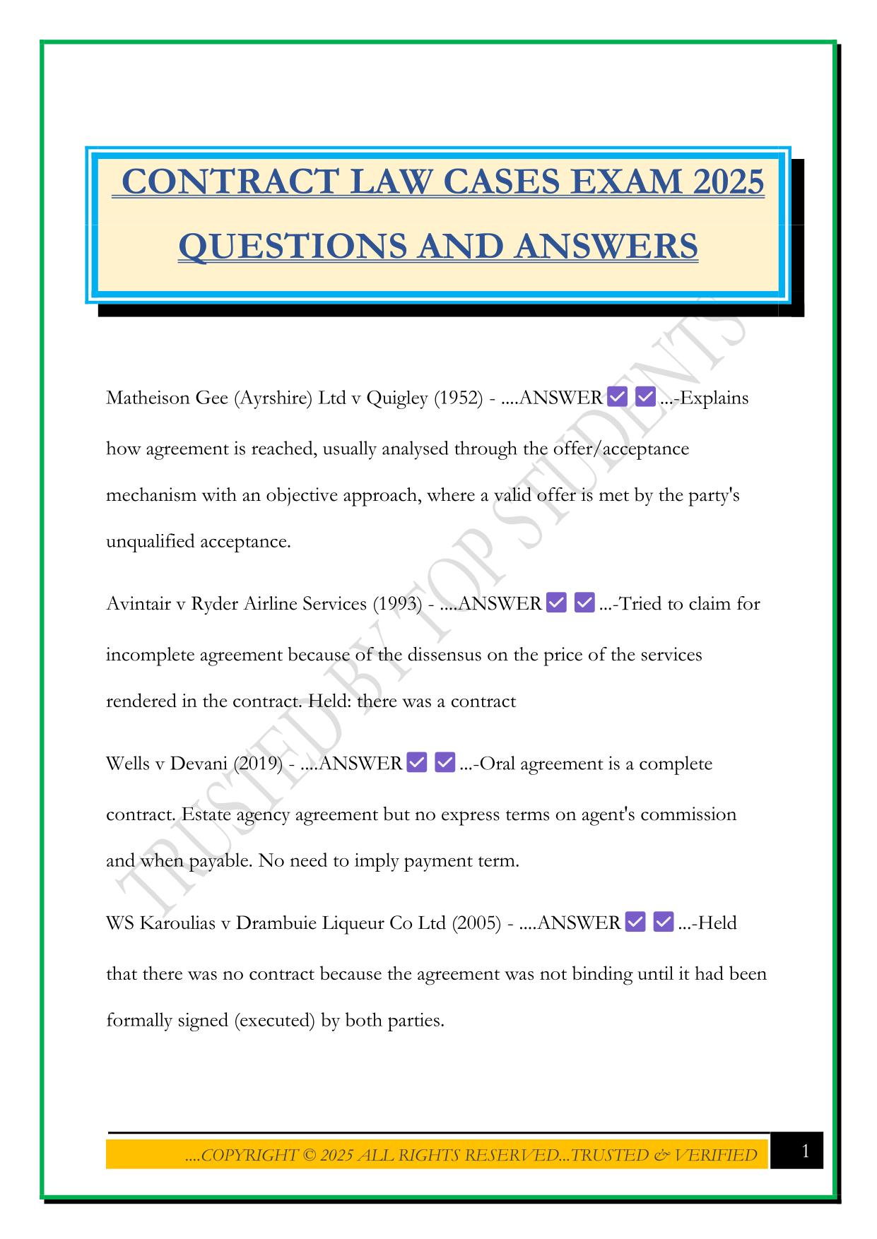 CONTRACT LAW CASES EXAM 2025 QUESTIONS AND ANSWERS