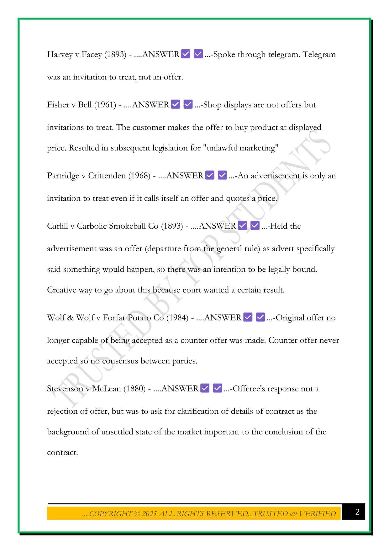 CONTRACT LAW CASES EXAM 2025 QUESTIONS AND ANSWERS