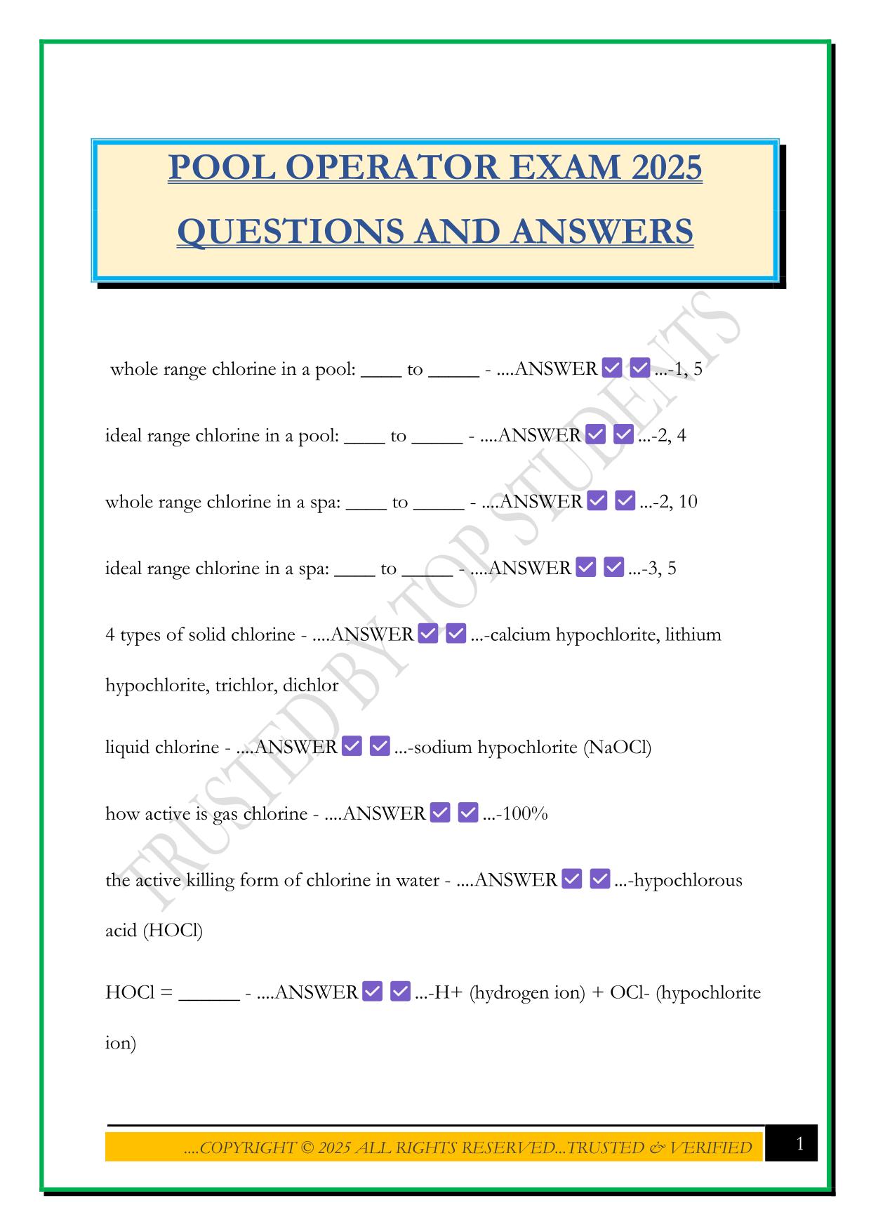 POOL OPERATOR EXAM 2025 QUESTIONS AND ANSWERS