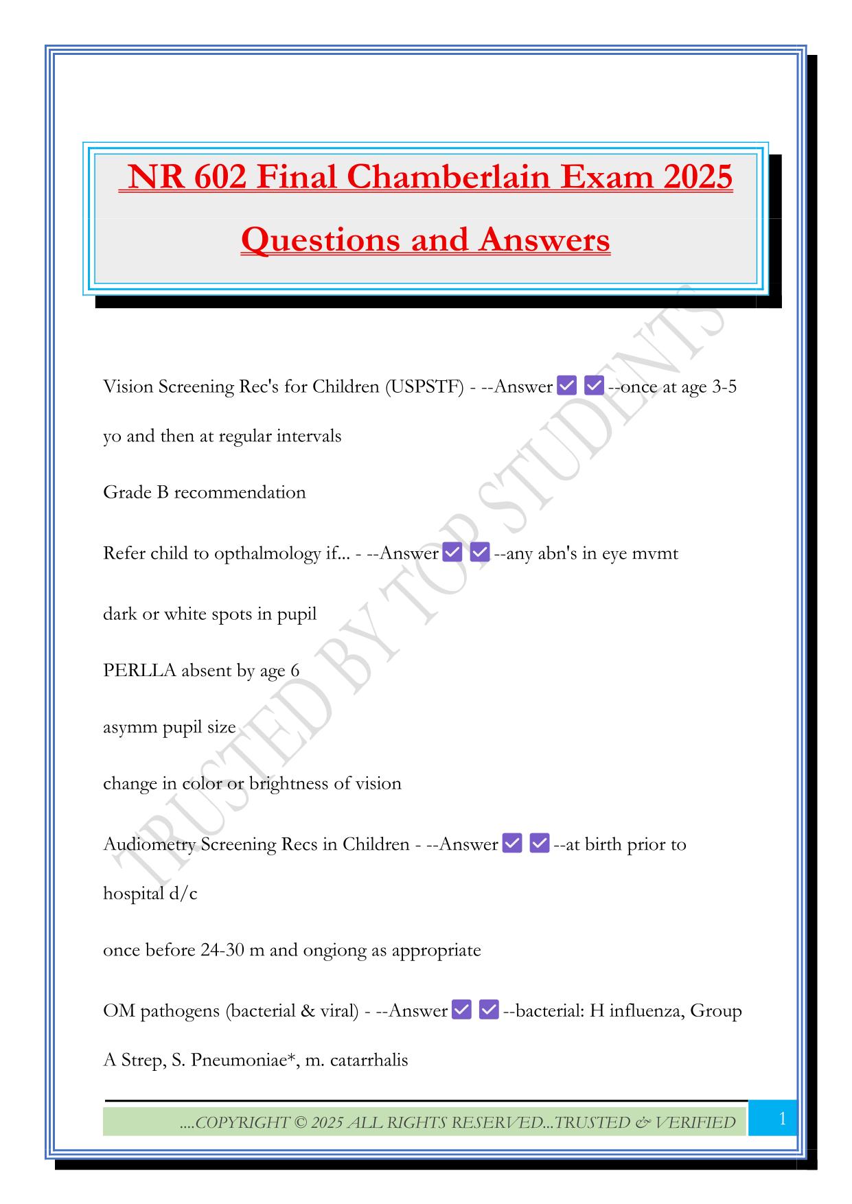 NR 602 Final Chamberlain Exam 2025 Questions and Answers