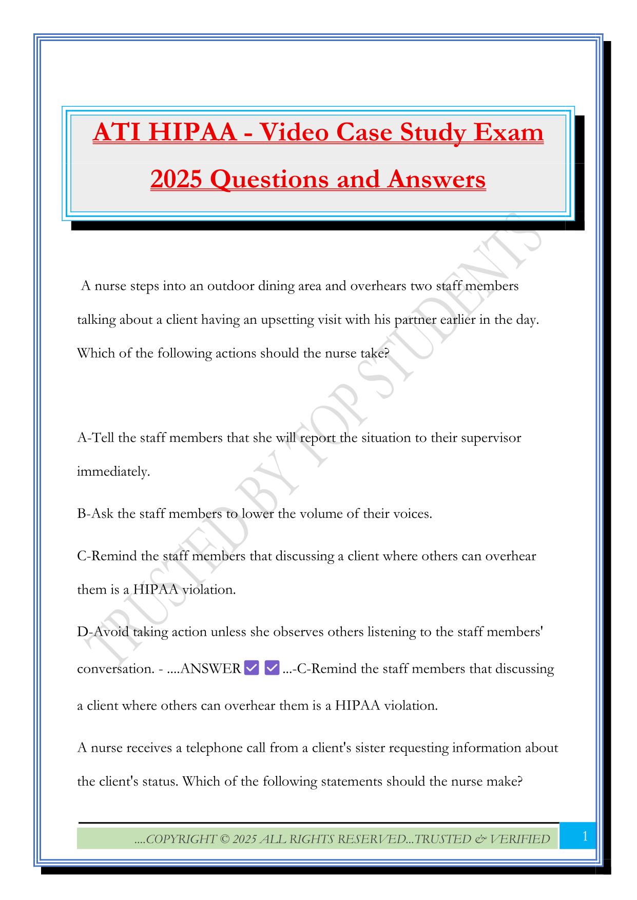 ATI HIPAA - Video Case Study Exam 2025 Questions and Answers