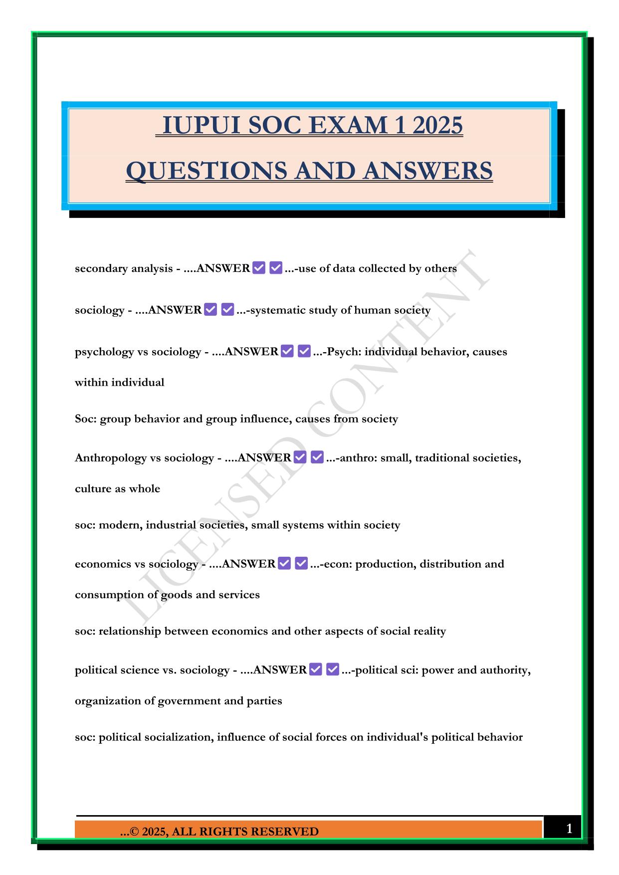 IUPUI SOC EXAM 1 2025 QUESTIONS AND ANSWERS