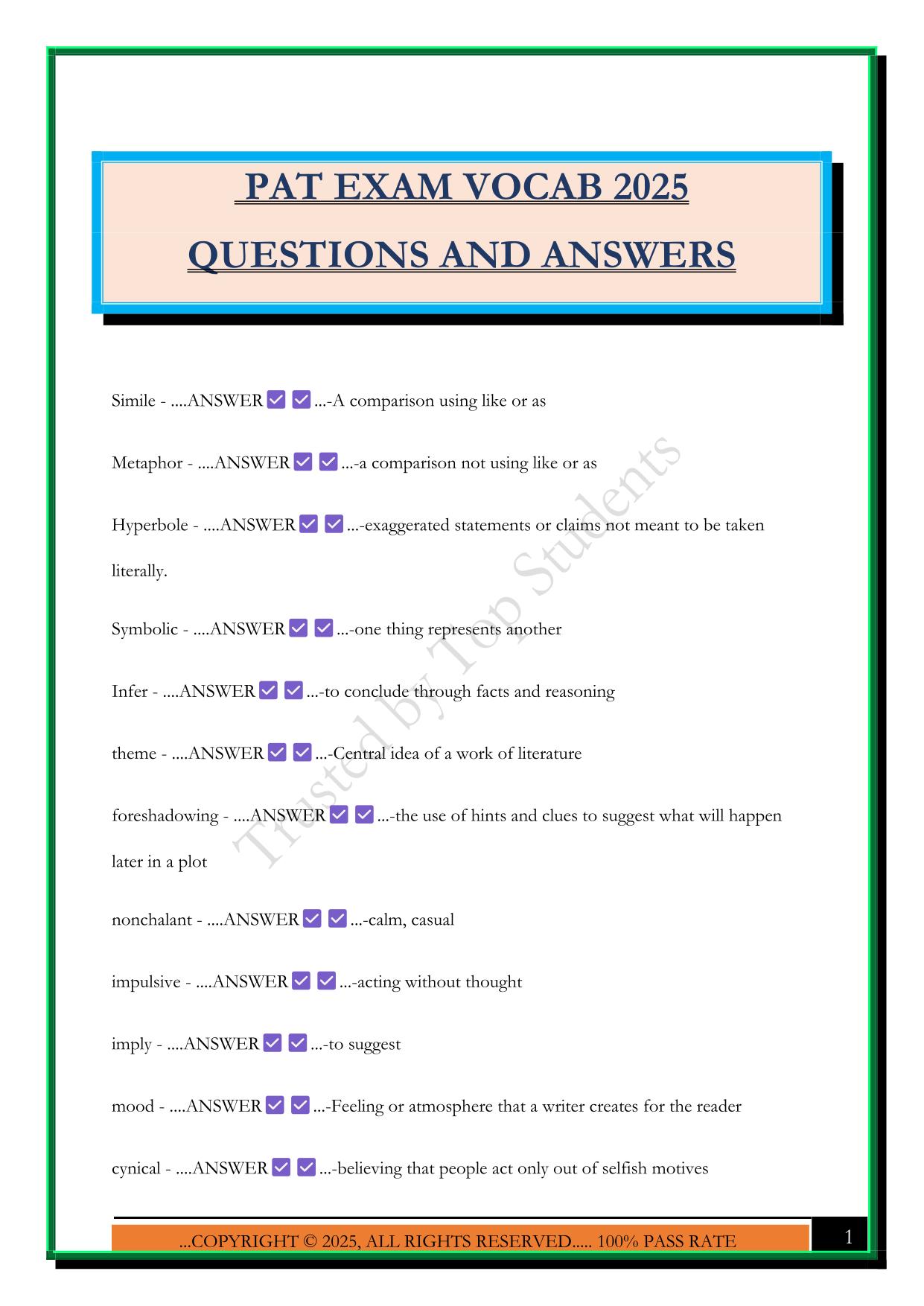PAT EXAM VOCAB 2025 QUESTIONS AND ANSWERS