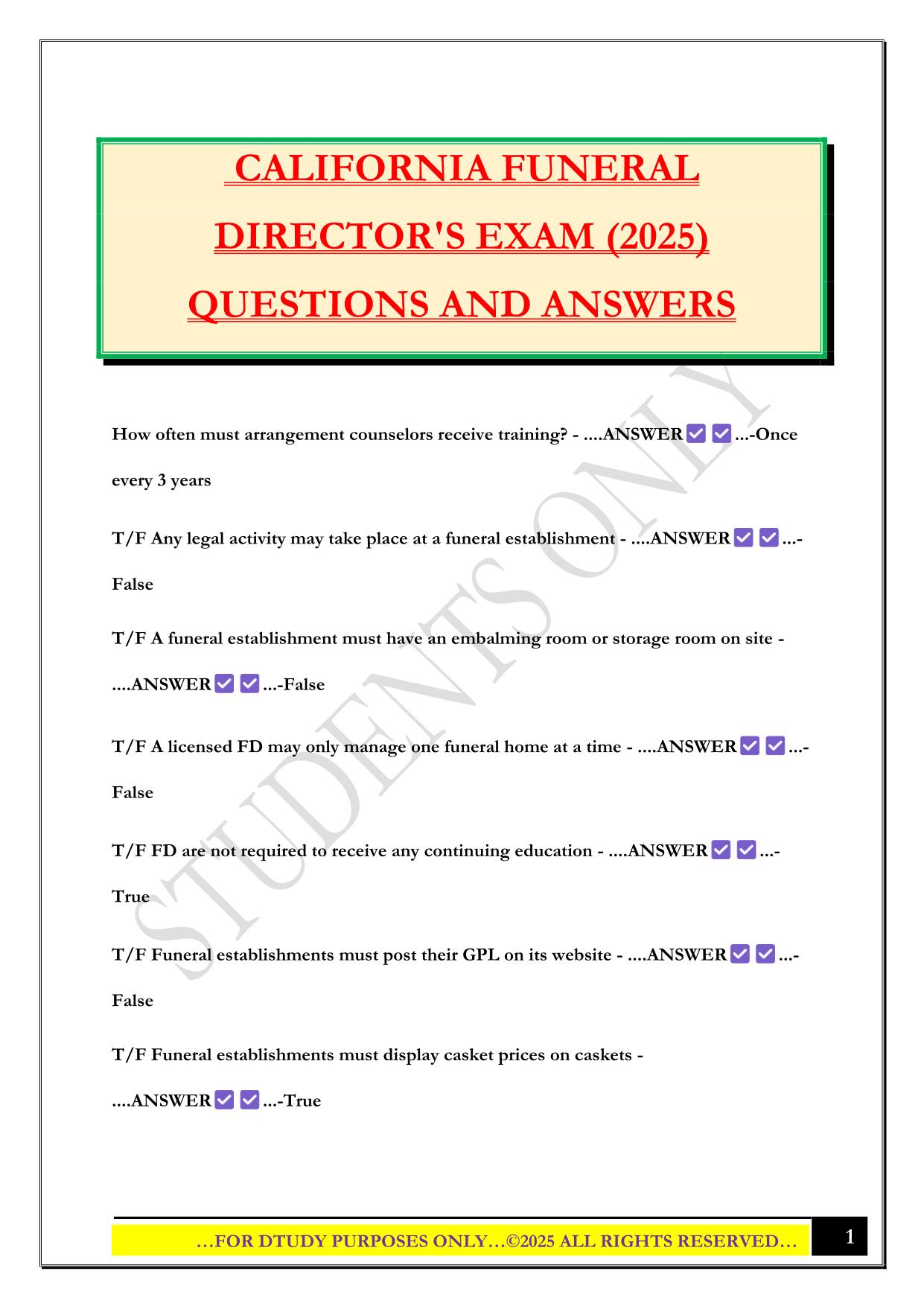 CALIFORNIA FUNERAL DIRECTOR'S EXAM (2025) QUESTIONS AND ANSWERS