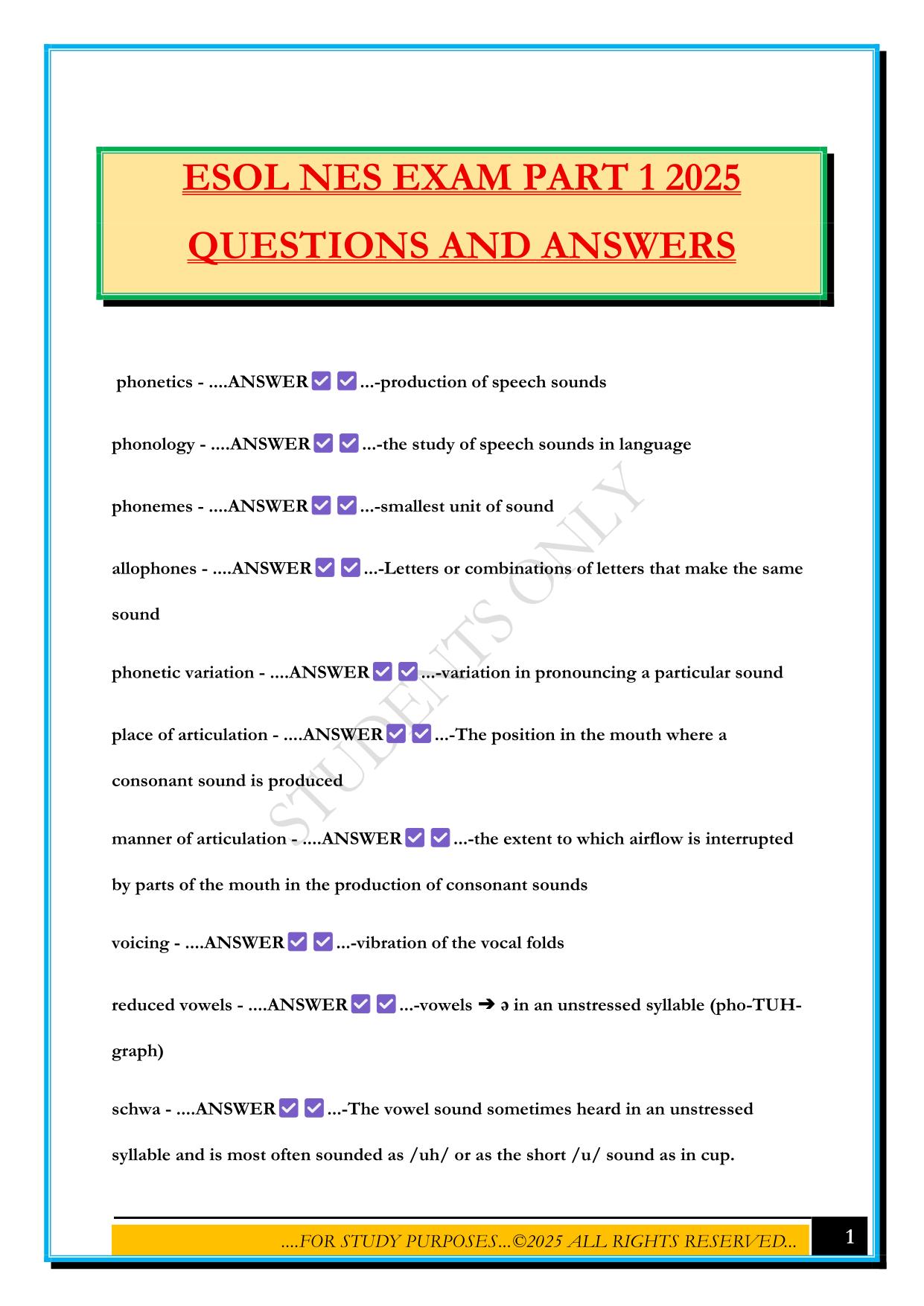 ESOL NES EXAM PART 1 2025 QUESTIONS AND ANSWERS