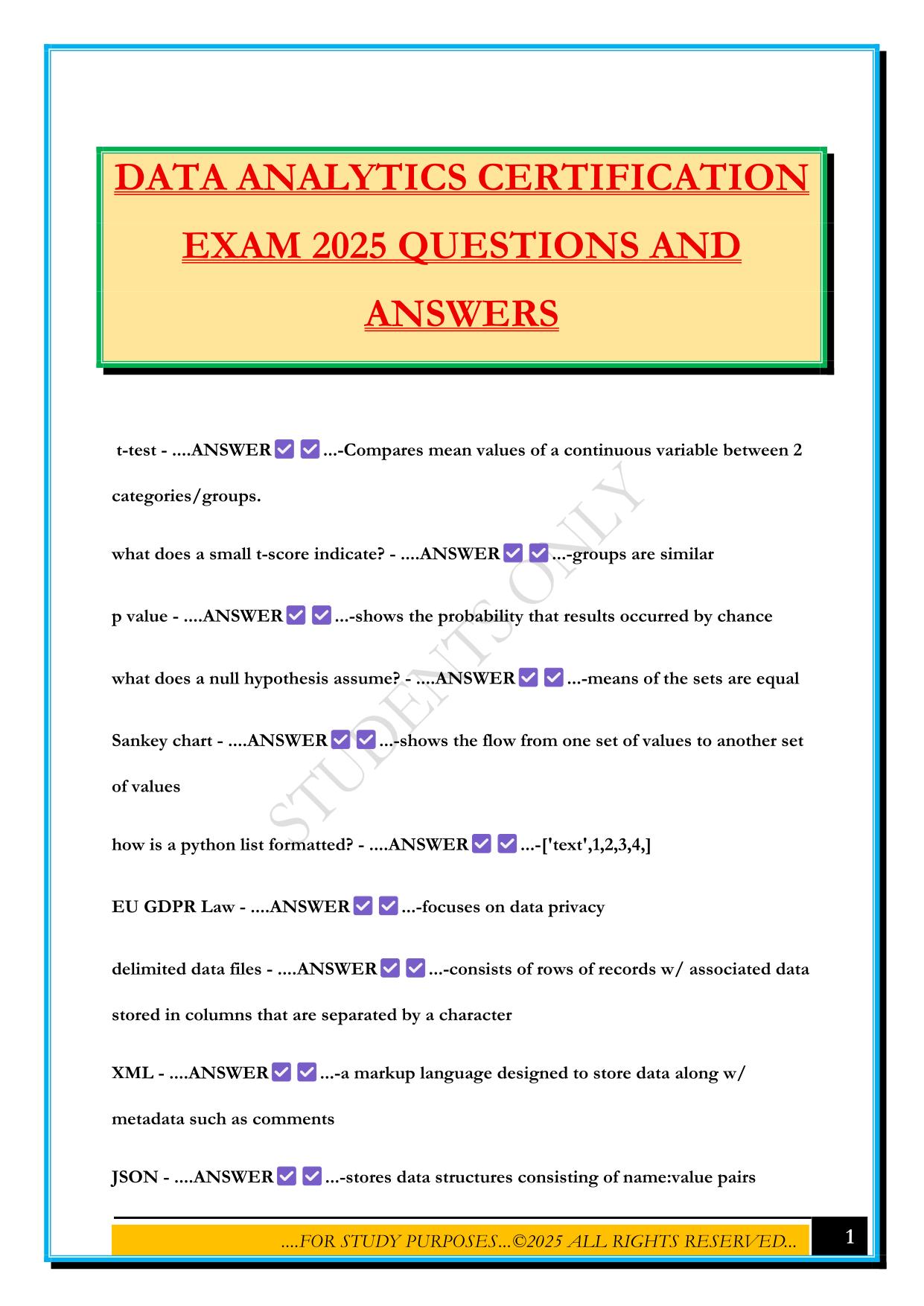 DATA ANALYTICS CERTIFICATION EXAM 2025 QUESTIONS AND ANSWERS