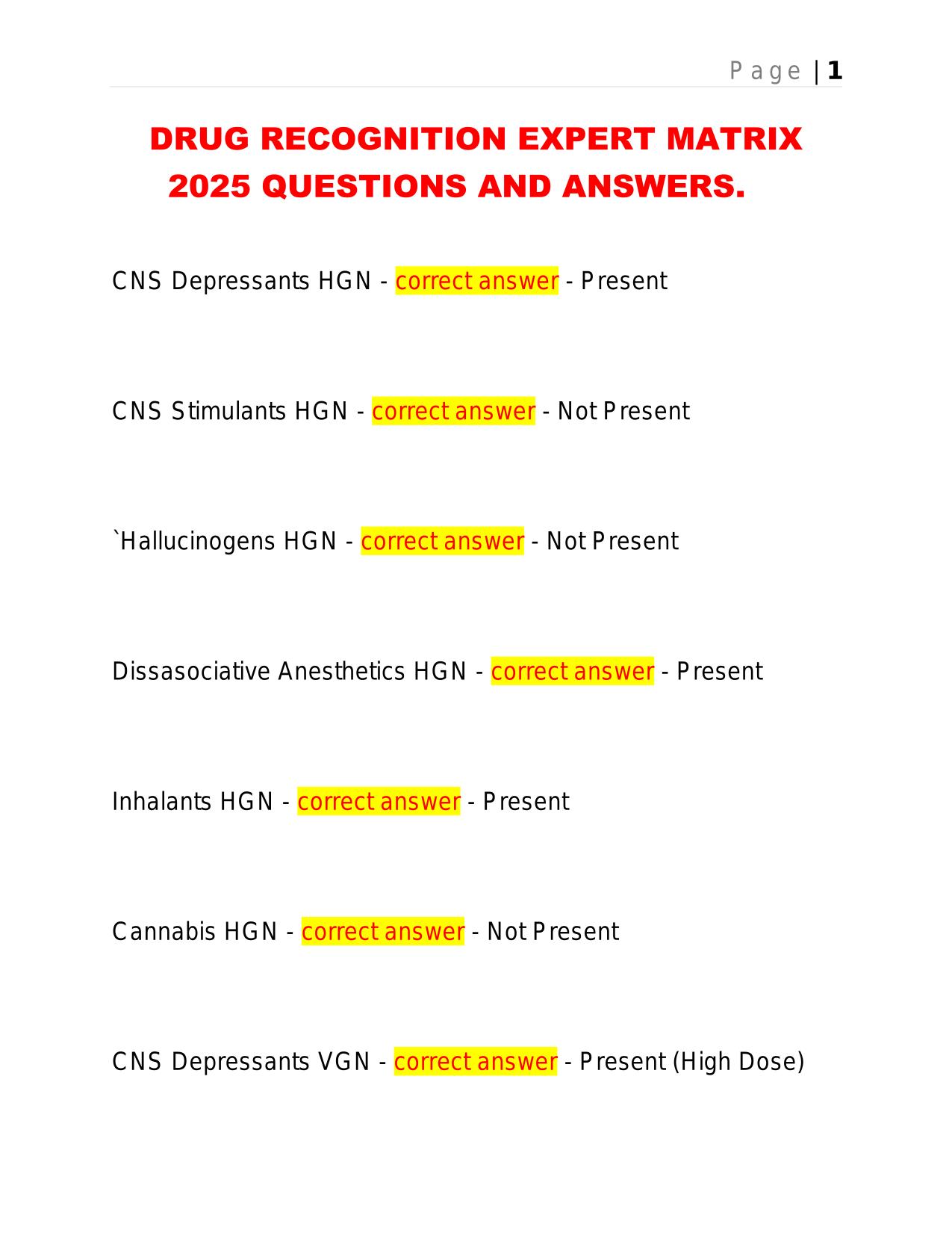 DRUG RECOGNITION EXPERT MATRIX 2025 QUESTIONS AND ANSWERS.