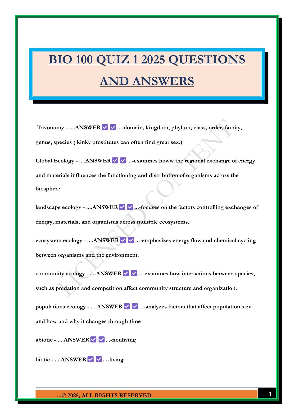 BIO 100 QUIZ 1 2025 QUESTIONS AND ANSWERS
