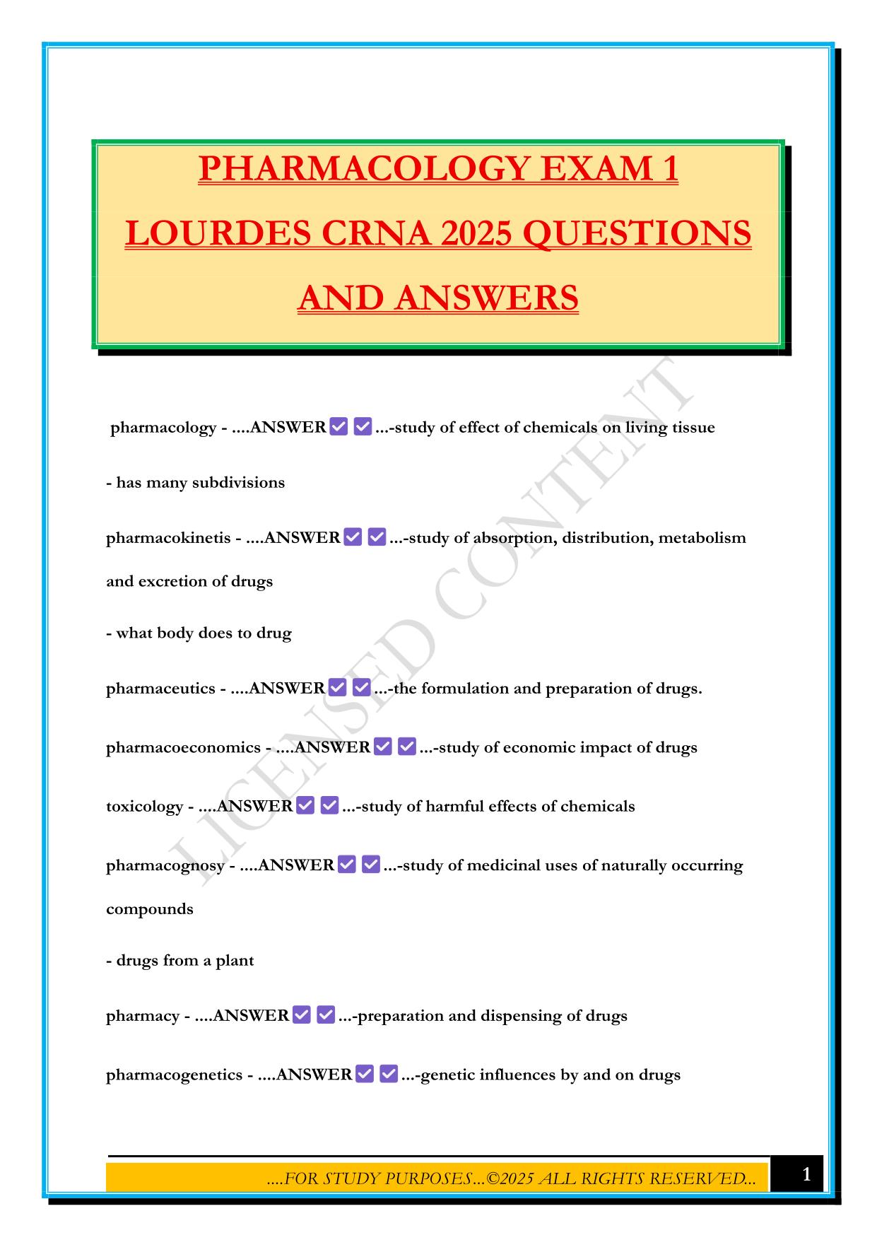 PHARMACOLOGY EXAM 1 LOURDES CRNA 2025 QUESTIONS AND ANSWERS