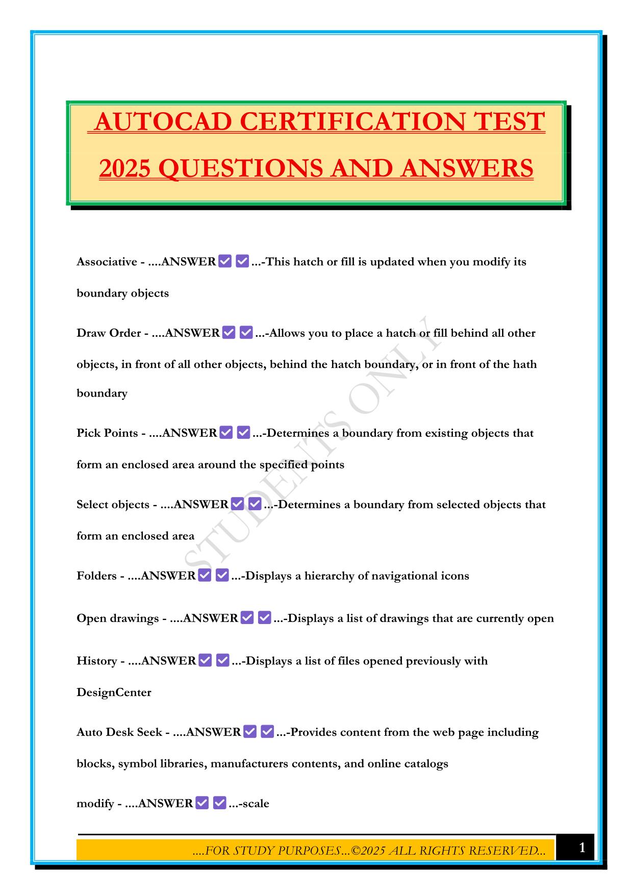 AUTOCAD CERTIFICATION TEST 2025 QUESTIONS AND ANSWERS