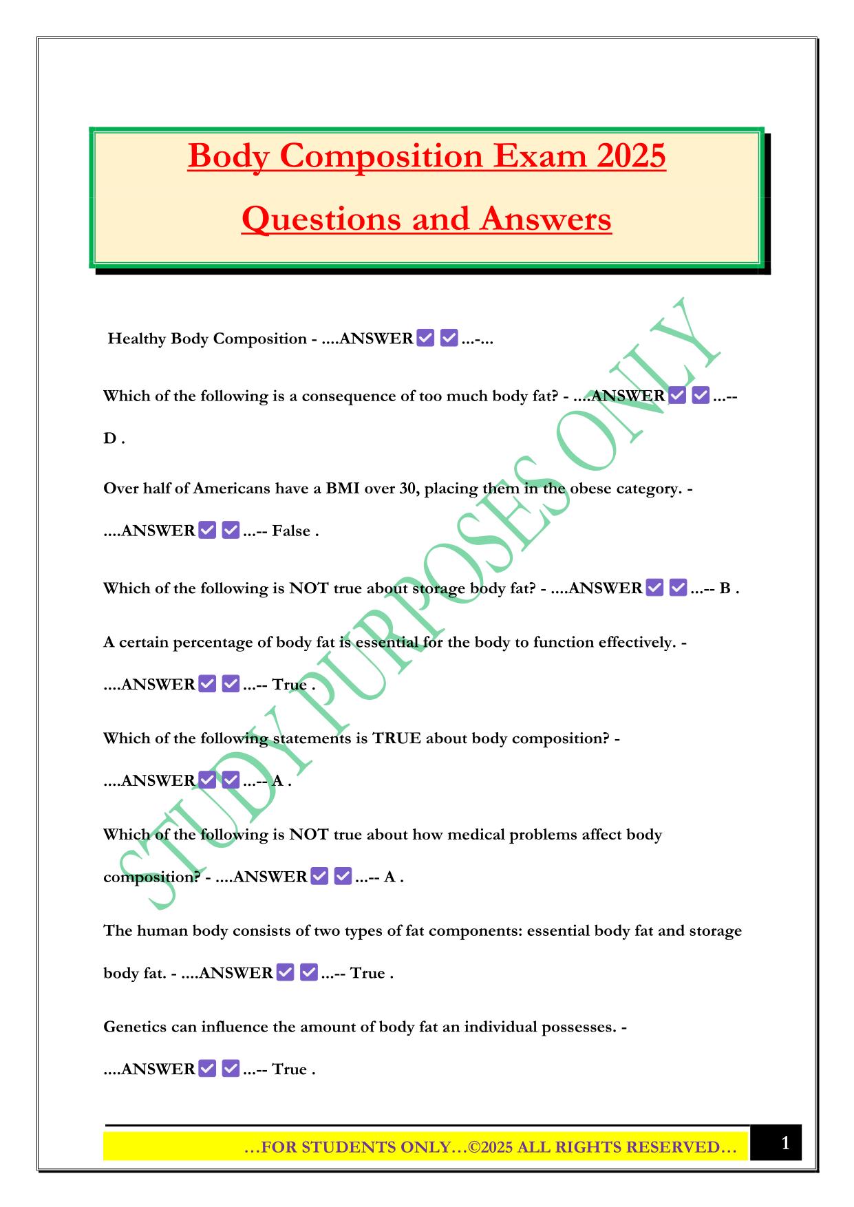 Body Composition Exam 2025 Questions and Answers