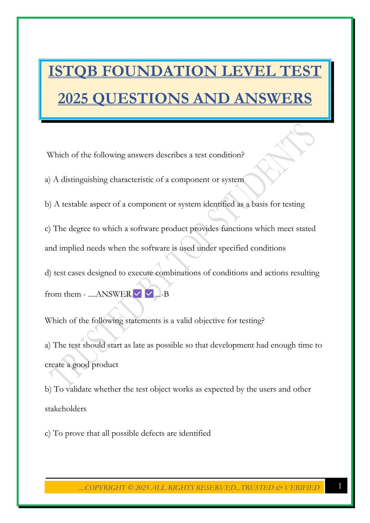ISTQB FOUNDATION LEVEL TEST 2025 QUESTIONS AND ANSWERS