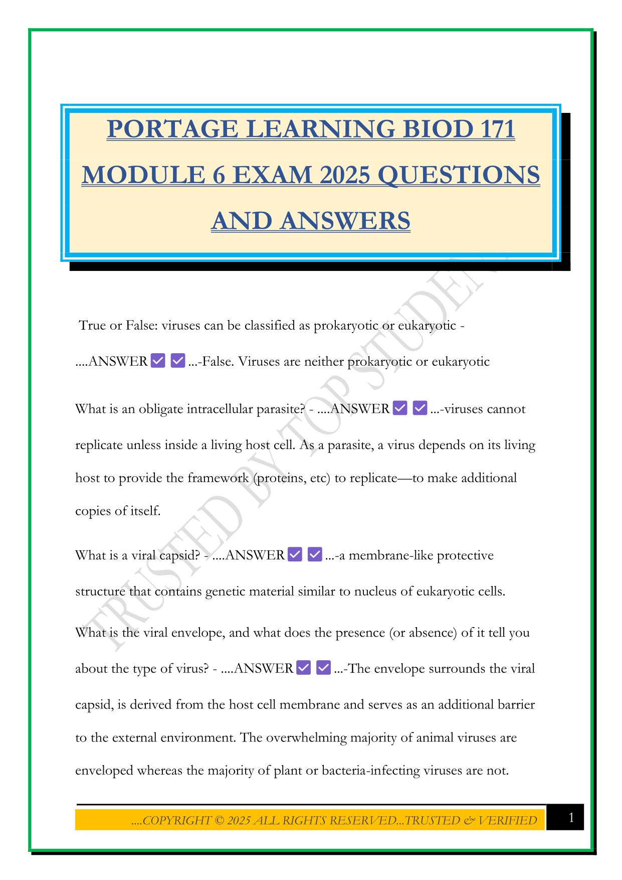 PORTAGE LEARNING BIOD 171 MODULE 6 EXAM 2025 QUESTIONS AND ANSWERS