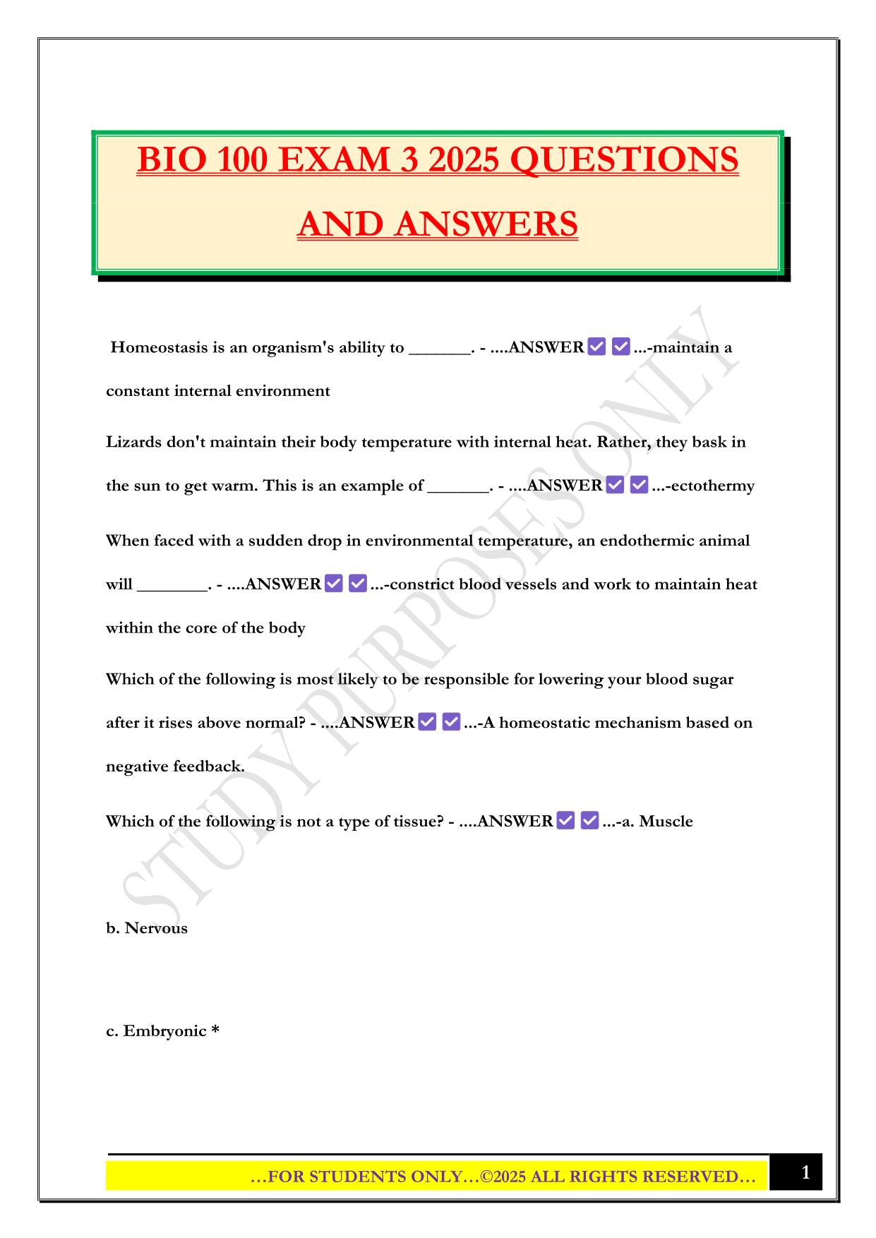 BIO 100 EXAM 3 2025 QUESTIONS AND ANSWERS