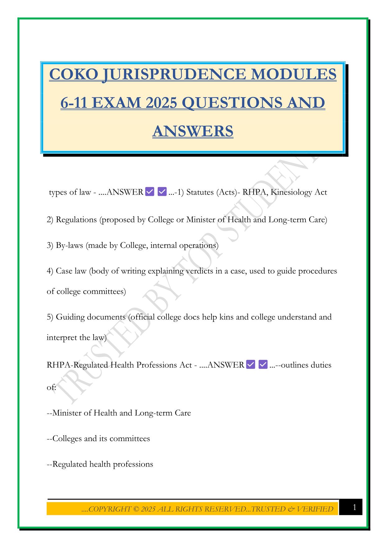 COKO JURISPRUDENCE MODULES 6-11 EXAM 2025 QUESTIONS AND ANSWERS
