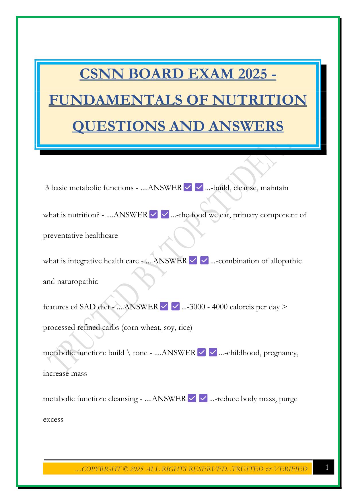 CSNN BOARD EXAM 2025 - FUNDAMENTALS OF NUTRITION QUESTIONS AND ANSWERS
