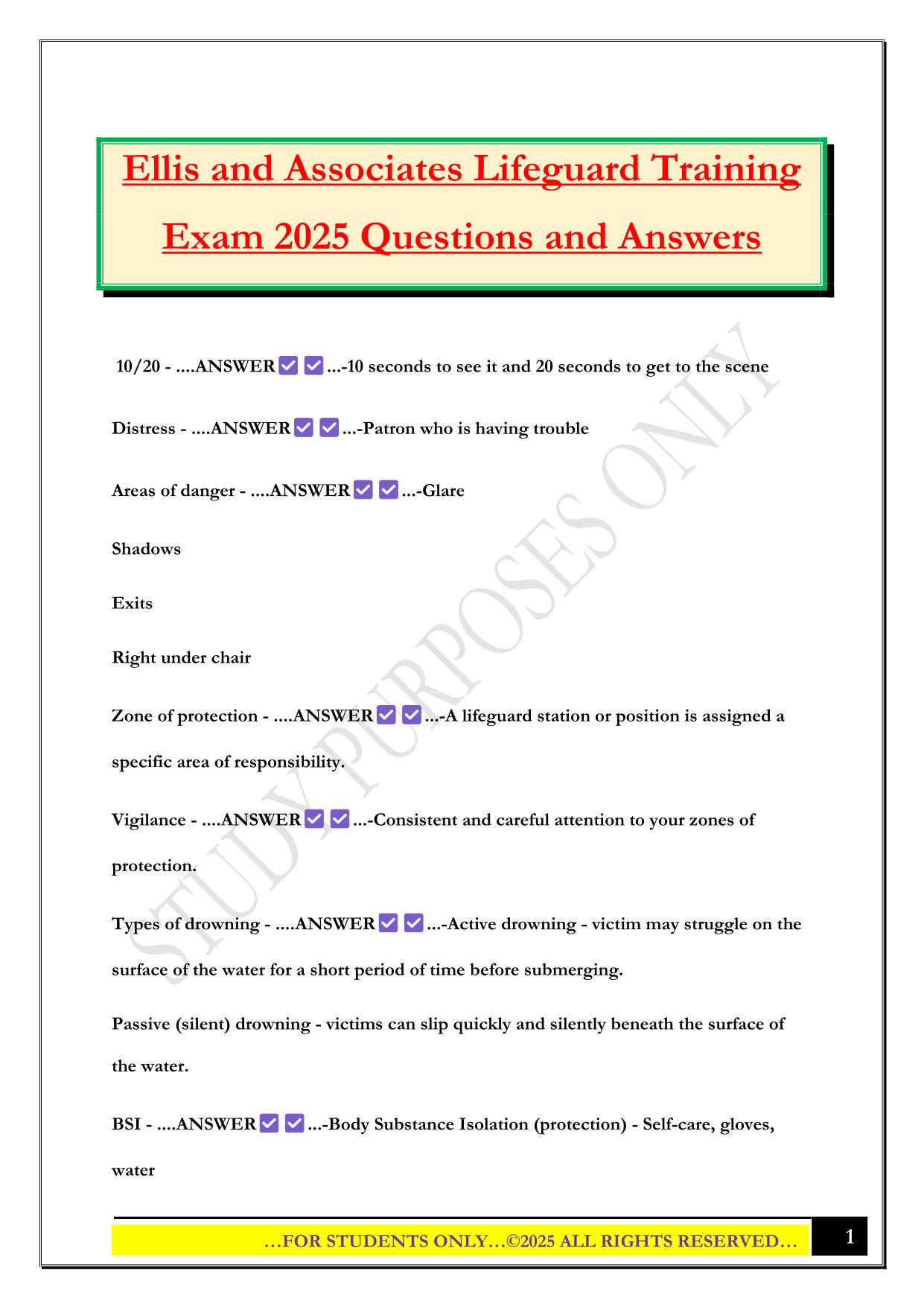 Lifeguard Training (Ellis) Exam 2025 Questions and Answers