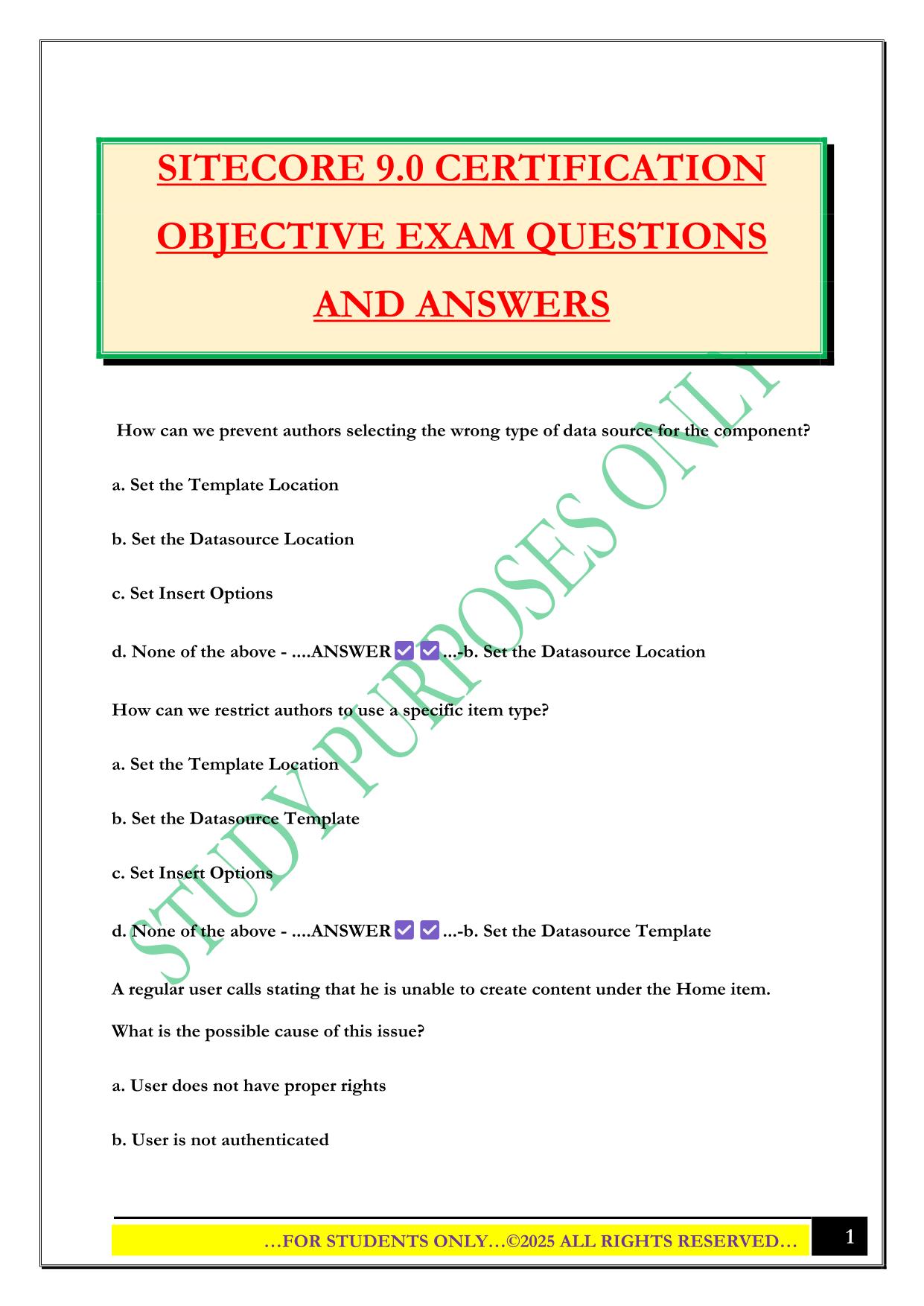 SITECORE 9.0 CERTIFICATION OBJECTIVE EXAM QUESTIONS AND ANSWERS