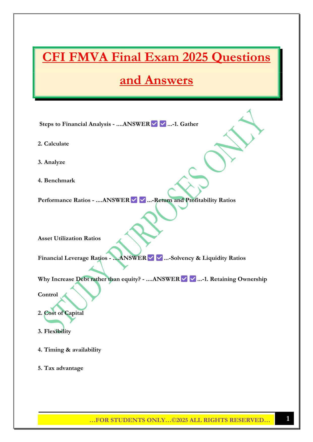CFI FMVA Final Exam 2025 Questions and Answers