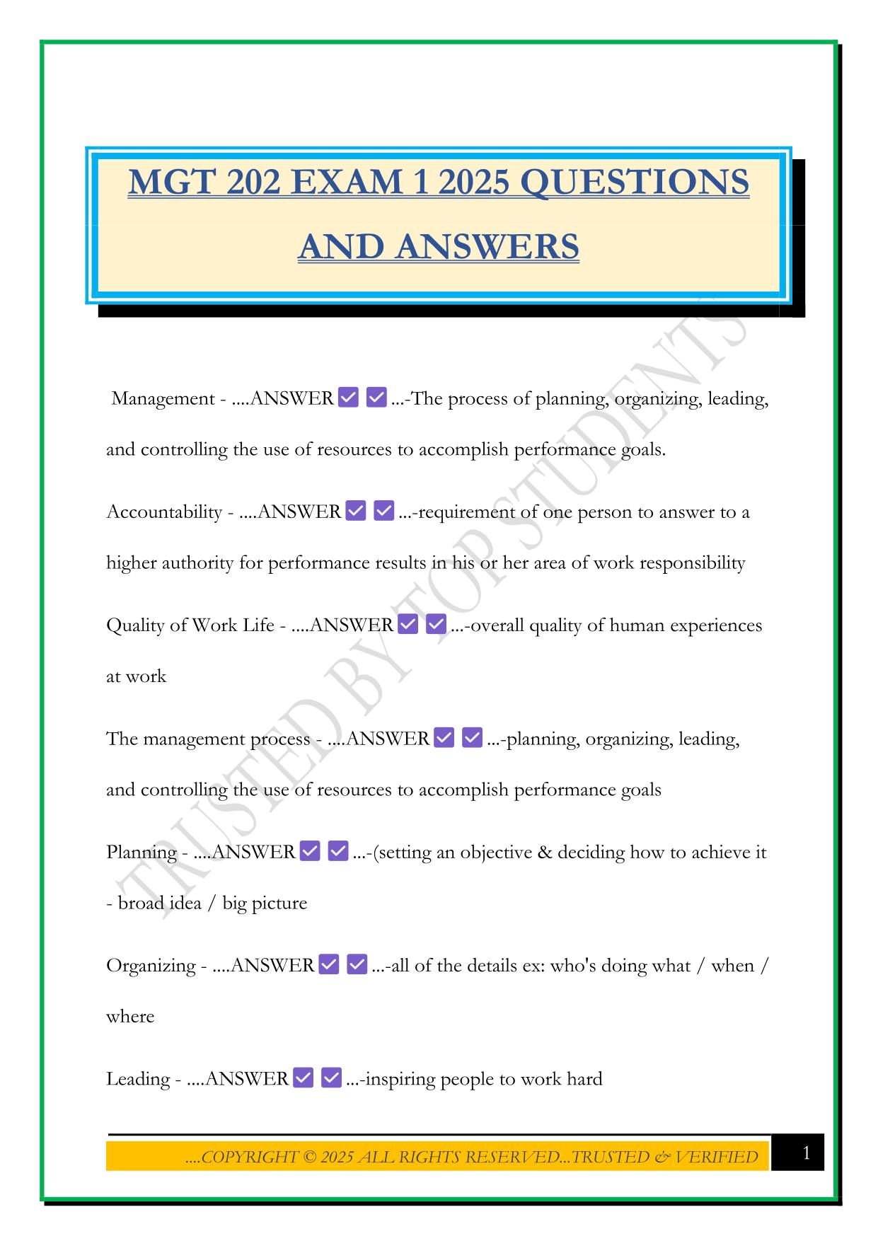 MGT 202 EXAM 1 2025 QUESTIONS AND ANSWERS