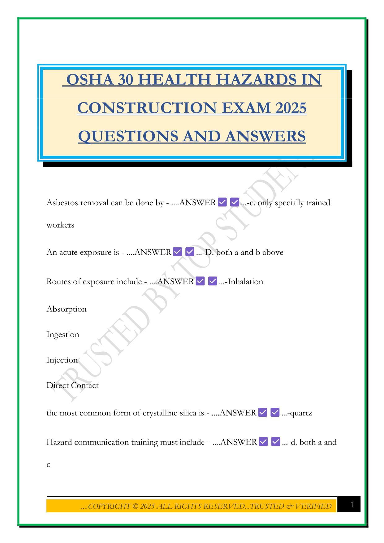 OSHA 30 HEALTH HAZARDS IN CONSTRUCTION EXAM 2025 QUESTIONS AND ANSWERS
