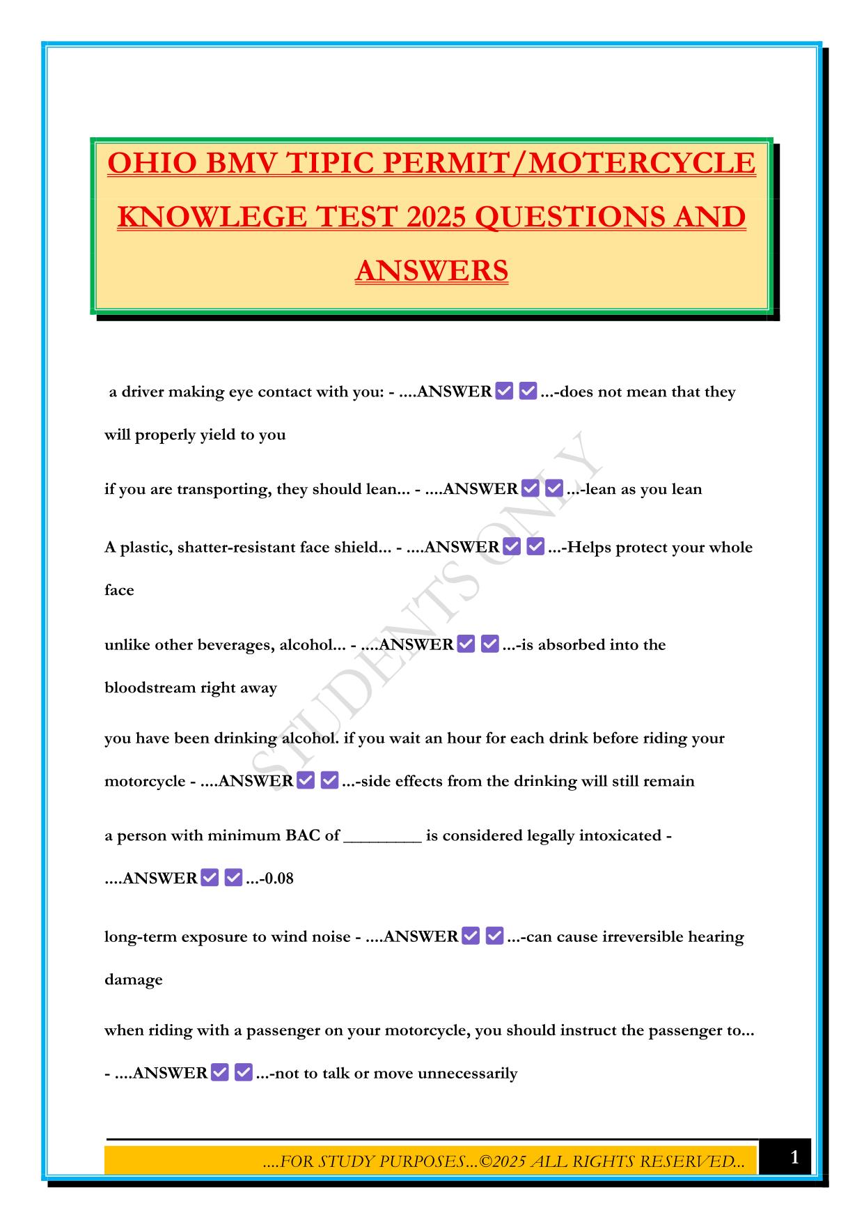 OHIO BMV TIPIC PERMIT/MOTERCYCLE KNOWLEGE TEST 2025 QUESTIONS AND ANSWERS