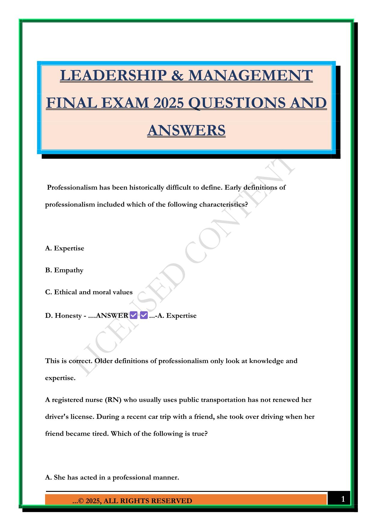 LEADERSHIP & MANAGEMENT FINAL EXAM 2025 QUESTIONS AND ANSWERS