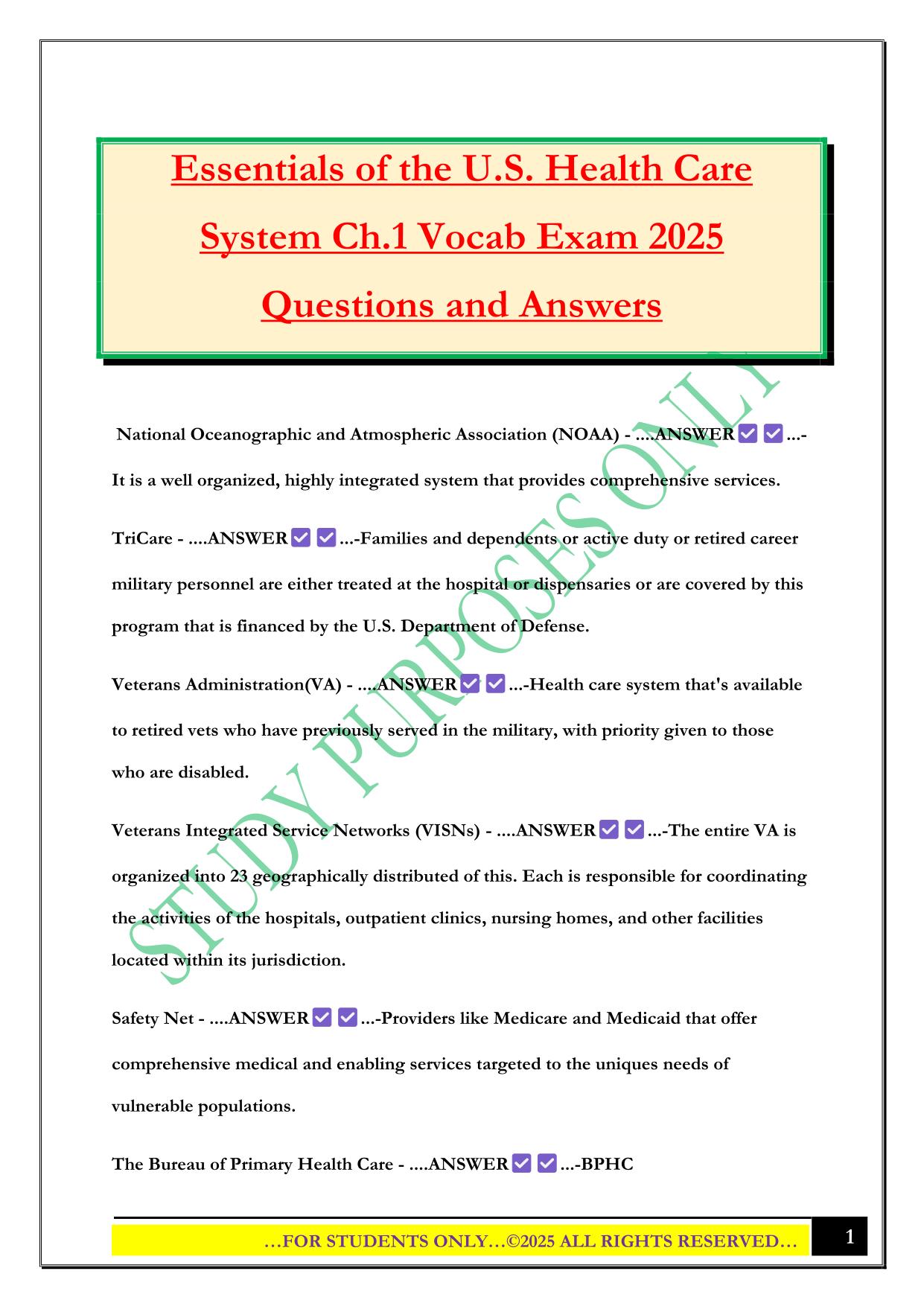Essentials of the U.S. Health Care System Ch.1 Vocab Exam 2025 Questions and Answers