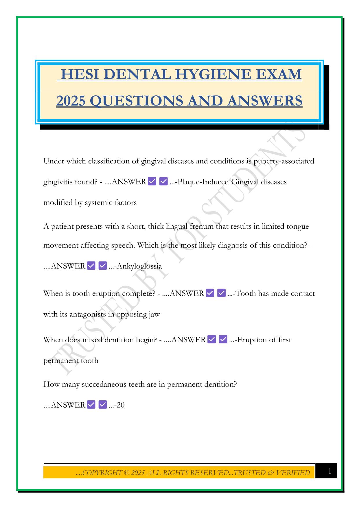 HESI DENTAL HYGIENE EXAM 2025 QUESTIONS AND ANSWERS