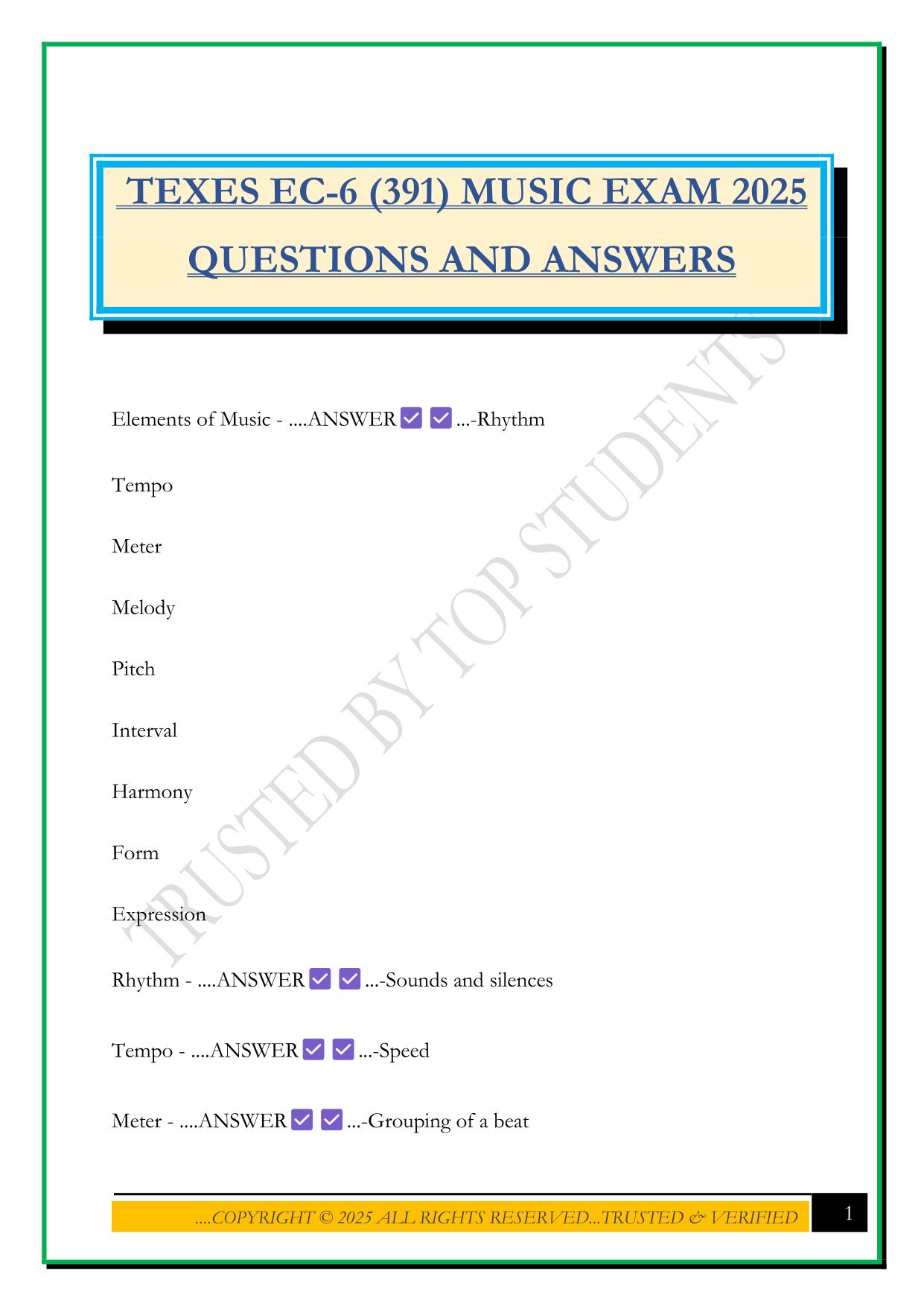 TEXES EC-6 (391) MUSIC EXAM 2025 QUESTIONS AND ANSWERS