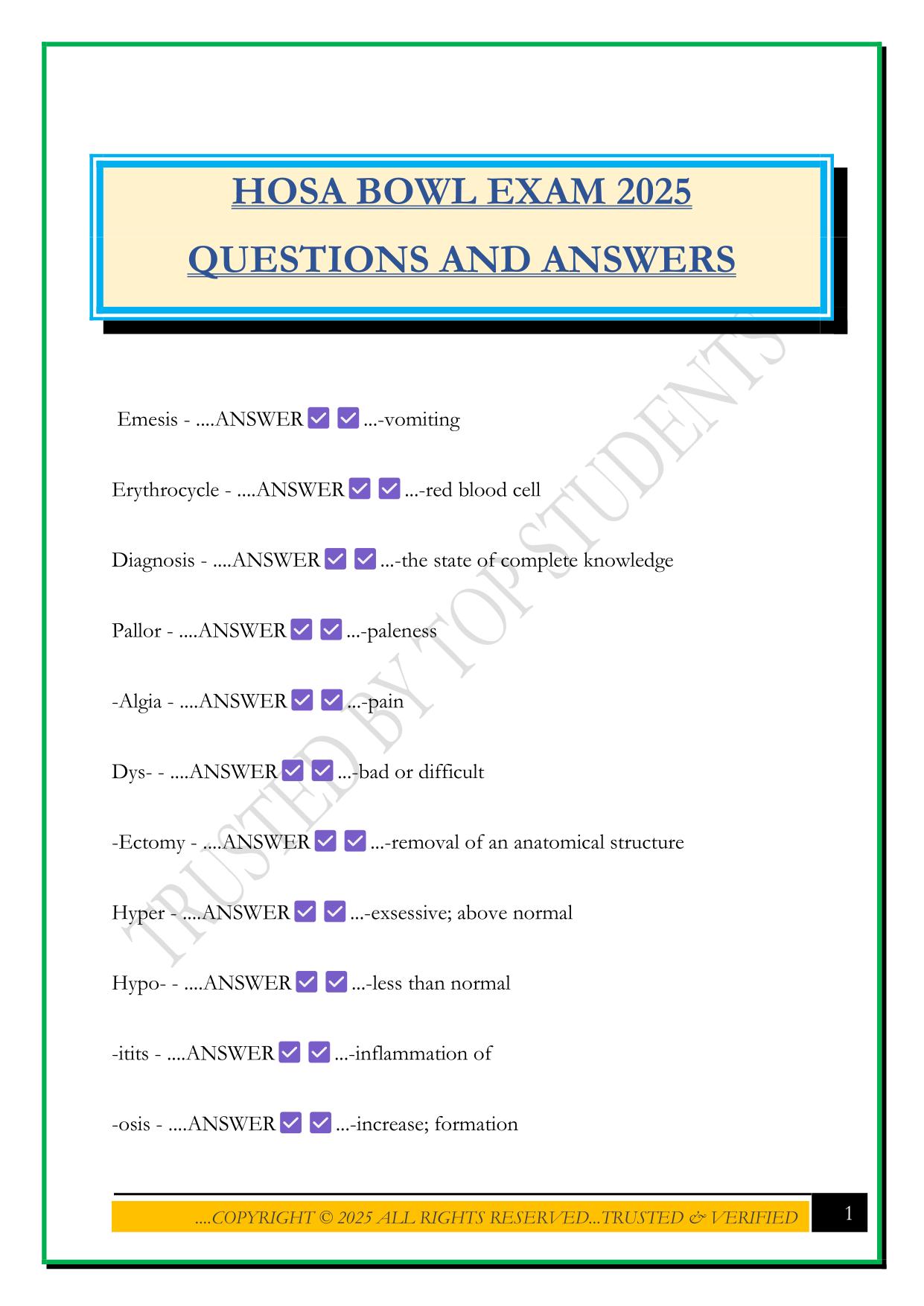 HOSA BOWL EXAM 2025 QUESTIONS AND ANSWERS